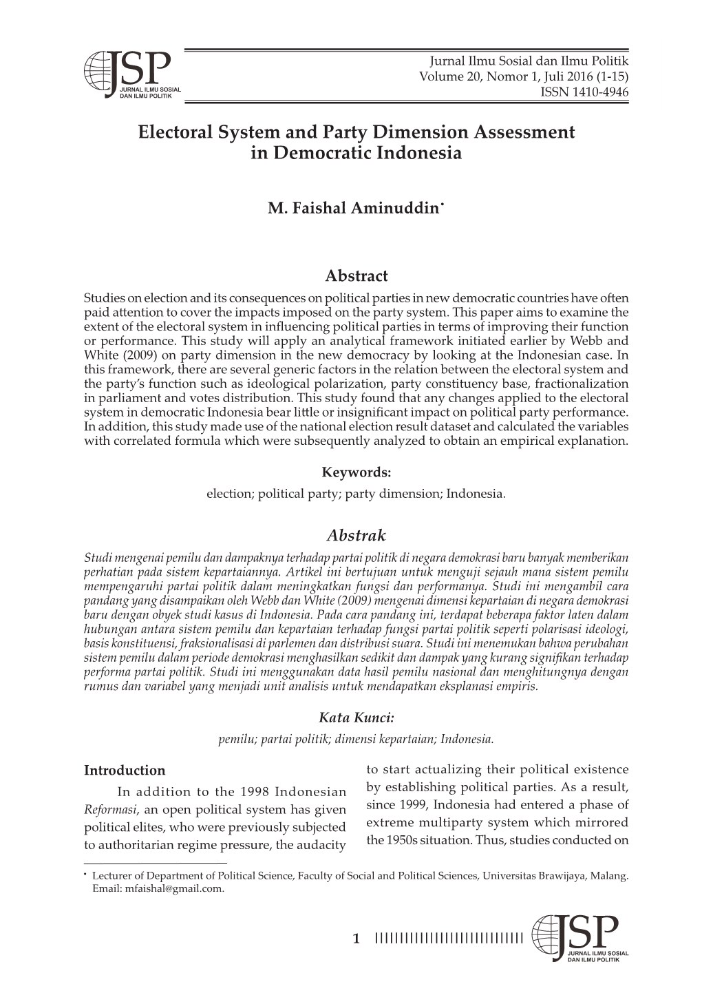 Electoral System and Party Dimension Assessment in Democratic Indonesia