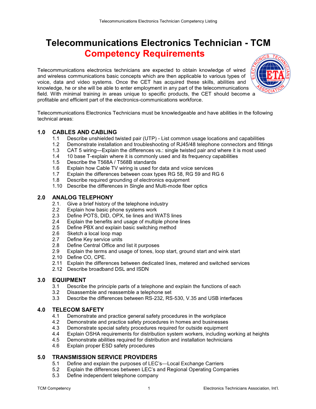 Telecommunications Electronics Technician Competency Listing