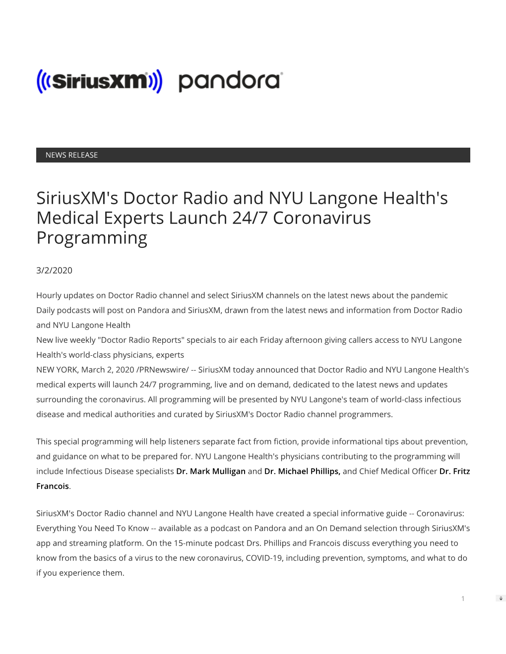 Siriusxm's Doctor Radio and NYU Langone Health's Medical Experts Launch 24/7 Coronavirus Programming