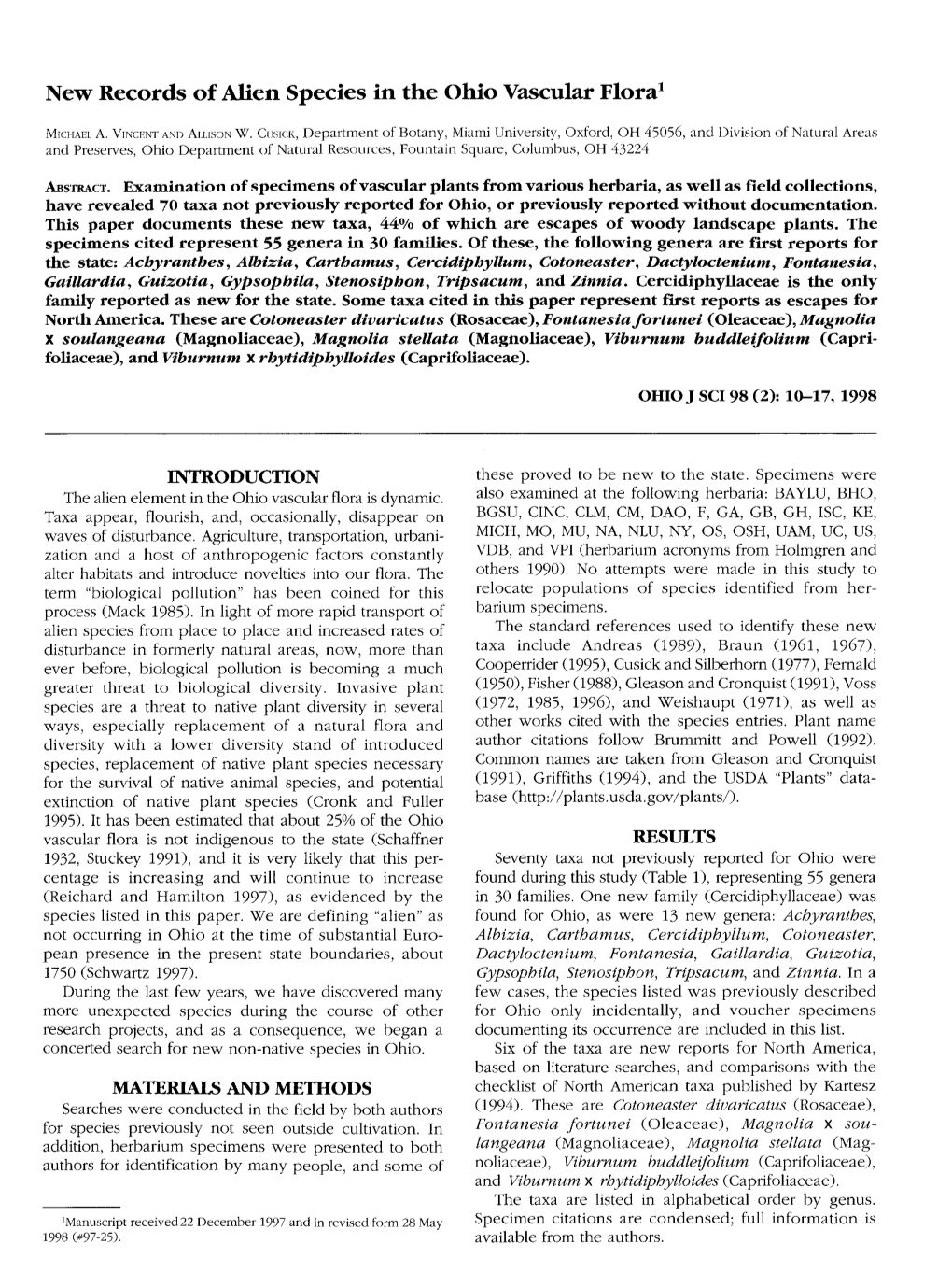 New Records of Alien Species in the Ohio Vascular Flora1