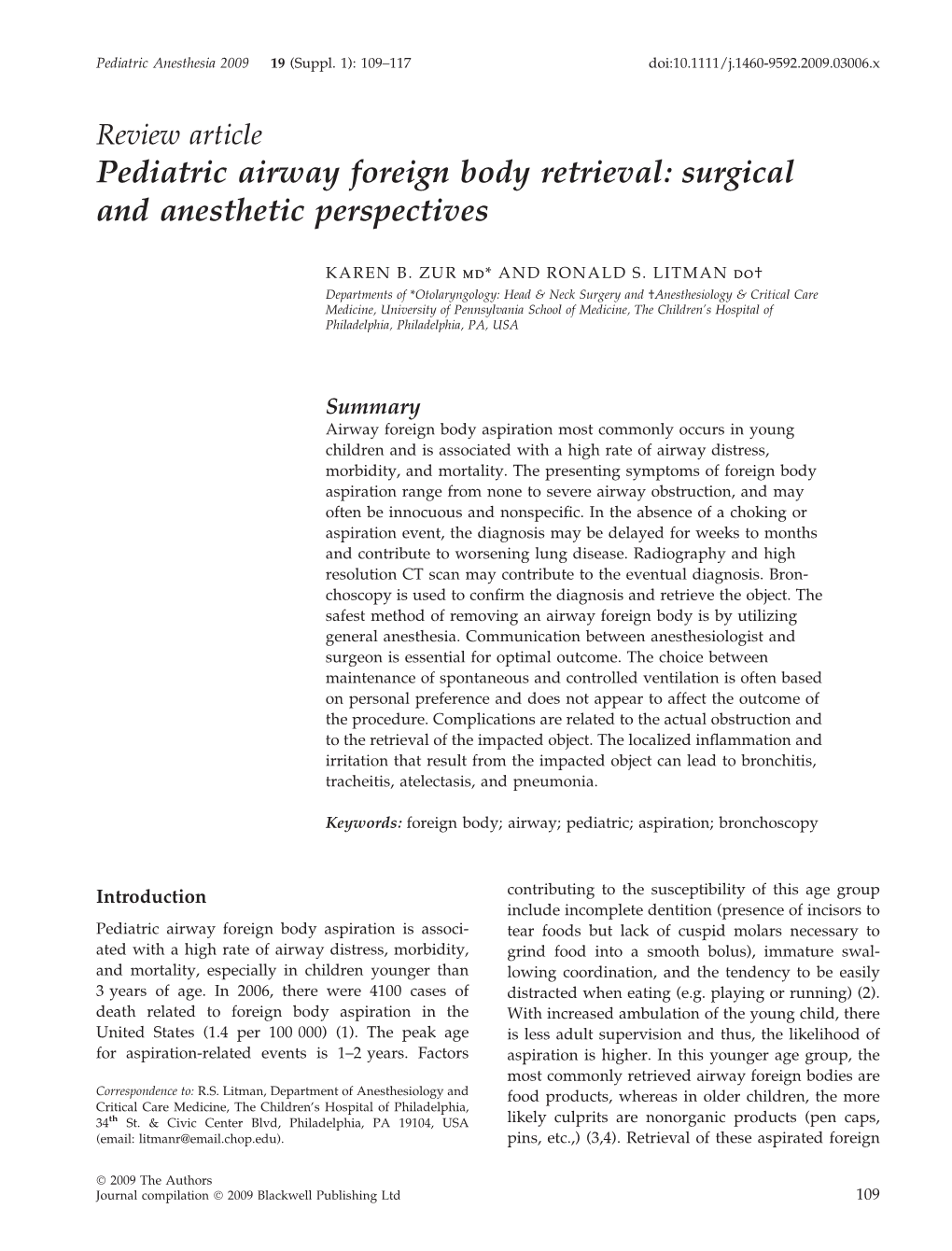 Pediatric Airway Foreign Body Retrieval: Surgical and Anesthetic Perspectives