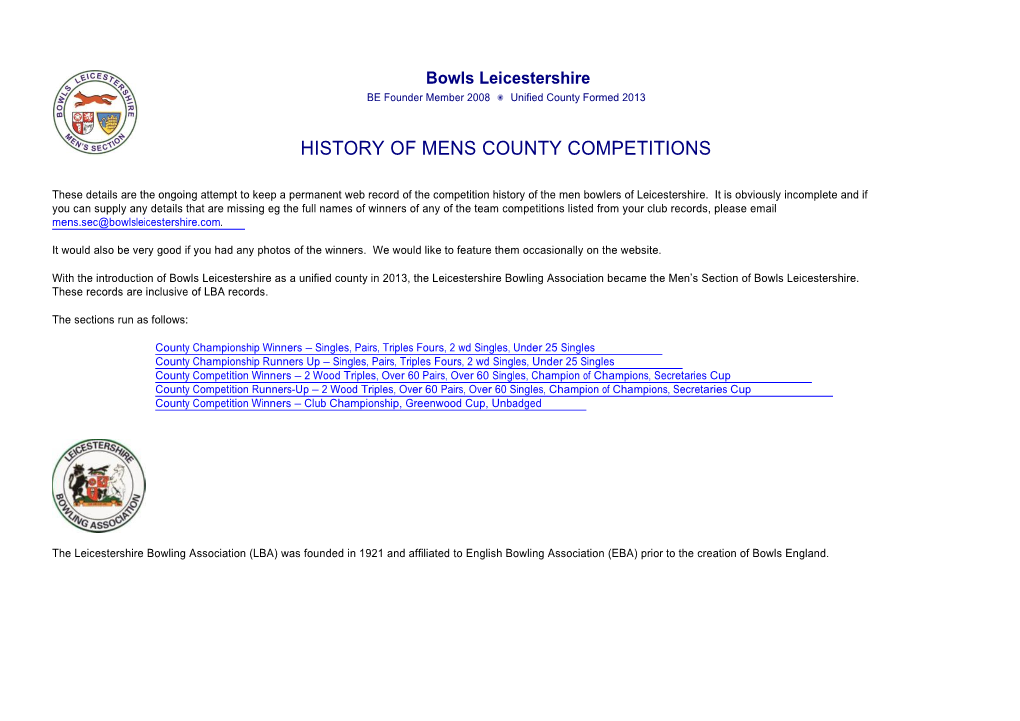 History of Mens County Competitions