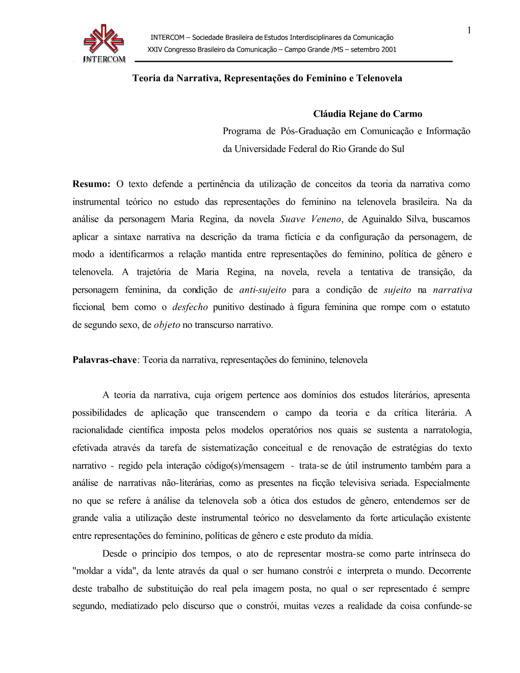 Teoria Da Narrativa, Representações Do Feminino E Telenovela