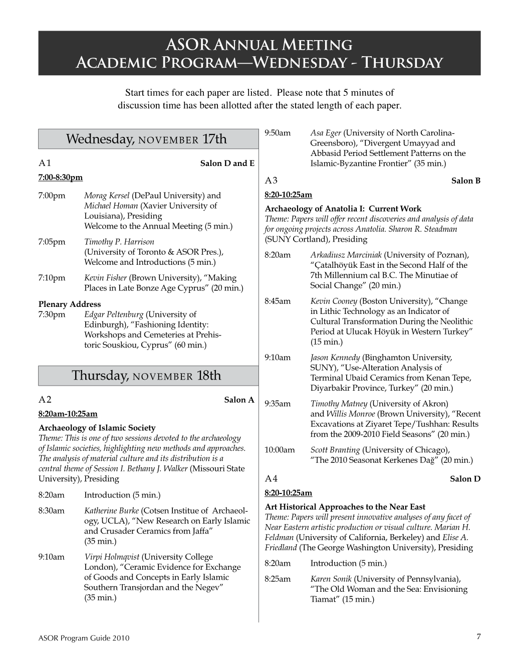 ASOR Annual Meeting Academic Program—Wednesday - Thursday