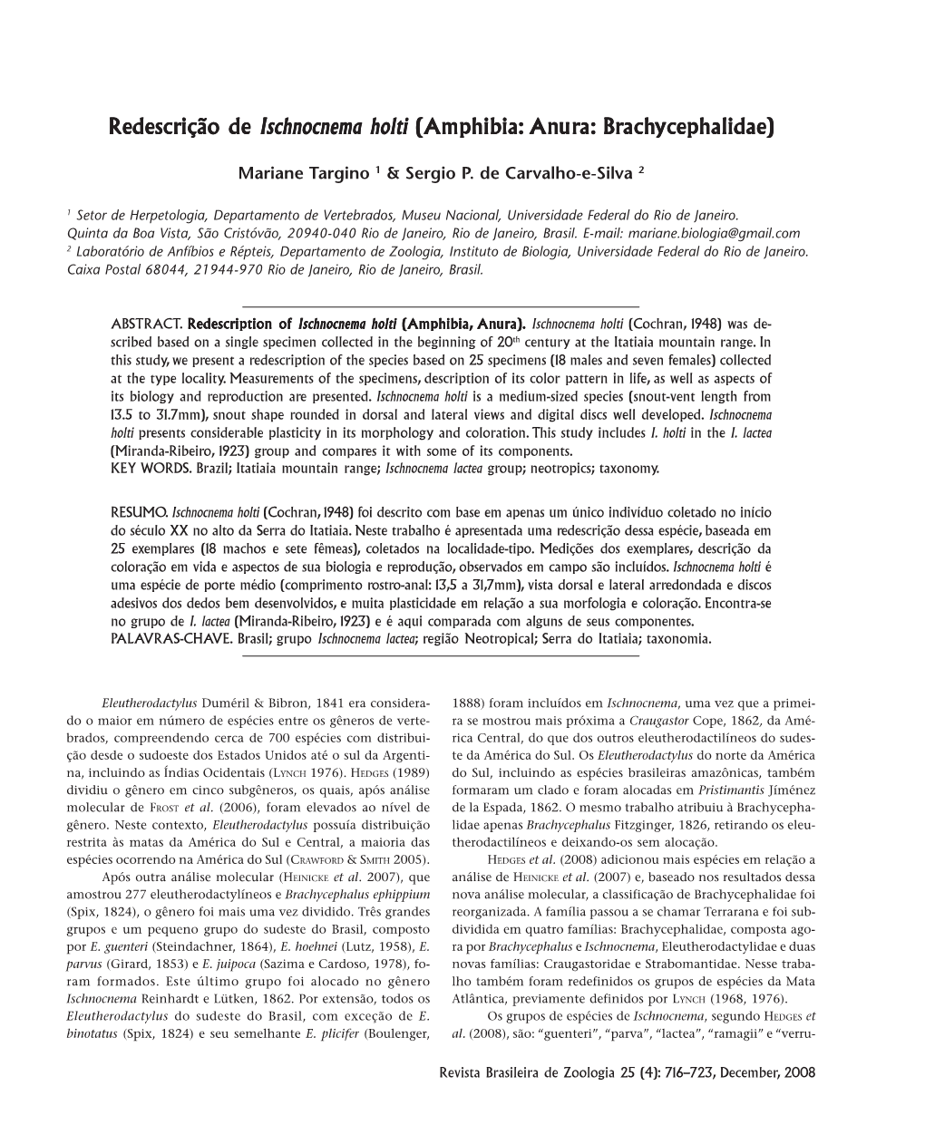 Redescrição De Ischnocnema Holti (Amphibia: Anura: Brachycephalidae)