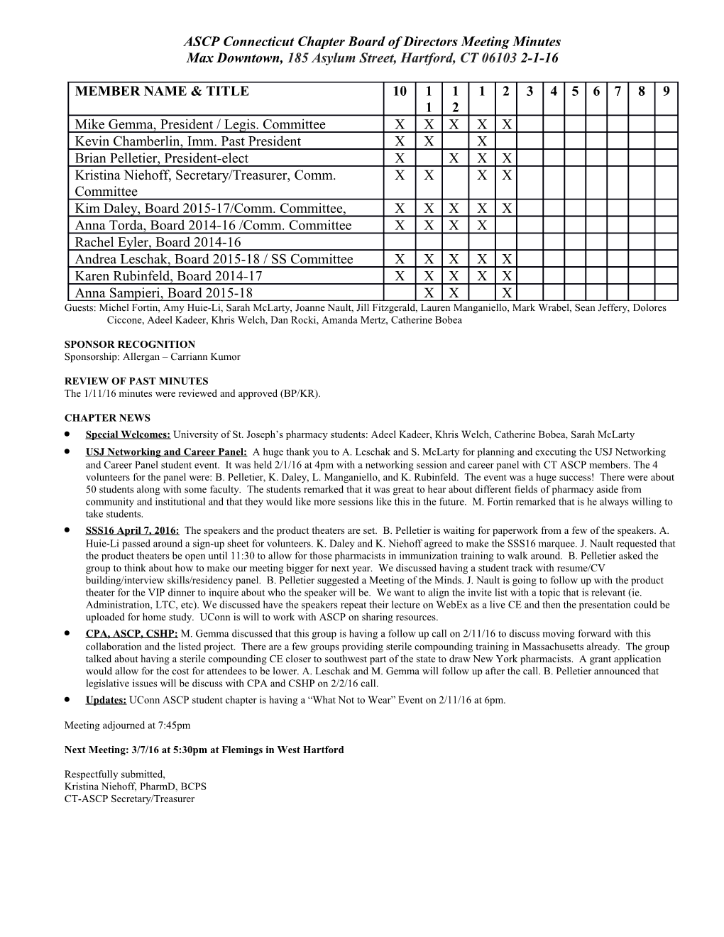 ASCP Connecticut Chapter Board of Directors Meeting Minutes