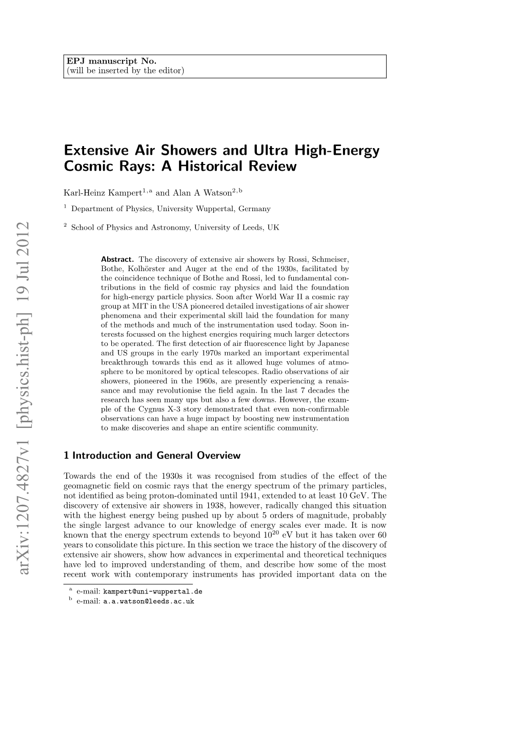 Extensive Air Showers and Ultra High-Energy Cosmic Rays: a Historical Review