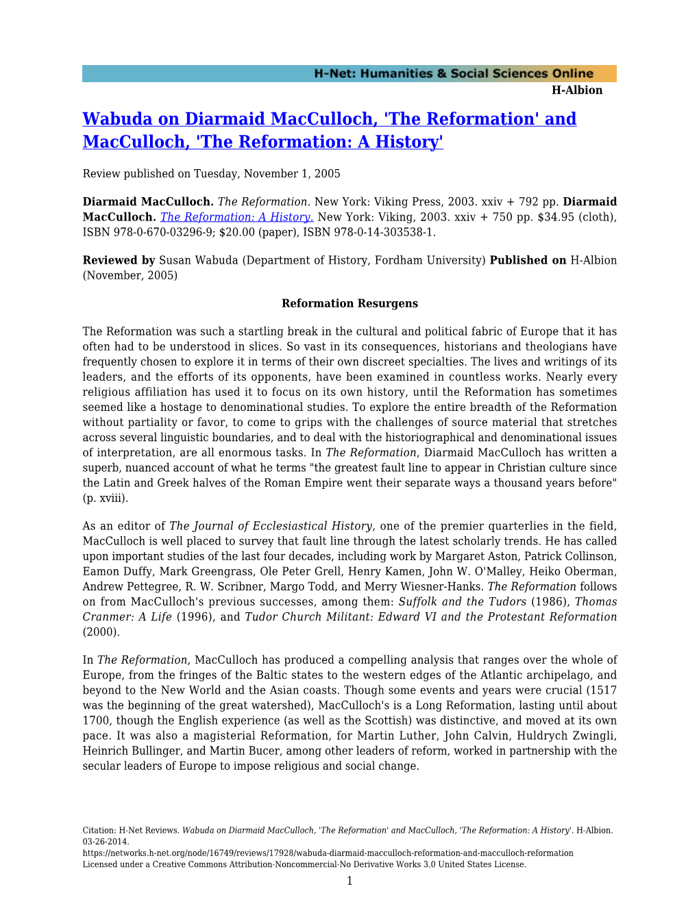 Wabuda on Diarmaid Macculloch, 'The Reformation' and Macculloch, 'The Reformation: a History'