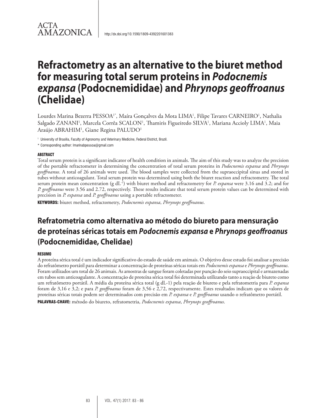 Refractometry As an Alternative to the Biuret Method for Measuring Total Serum Proteins in Podocnemis Expansa (Podocnemididae) and Phrynops Geoffroanus (Chelidae)