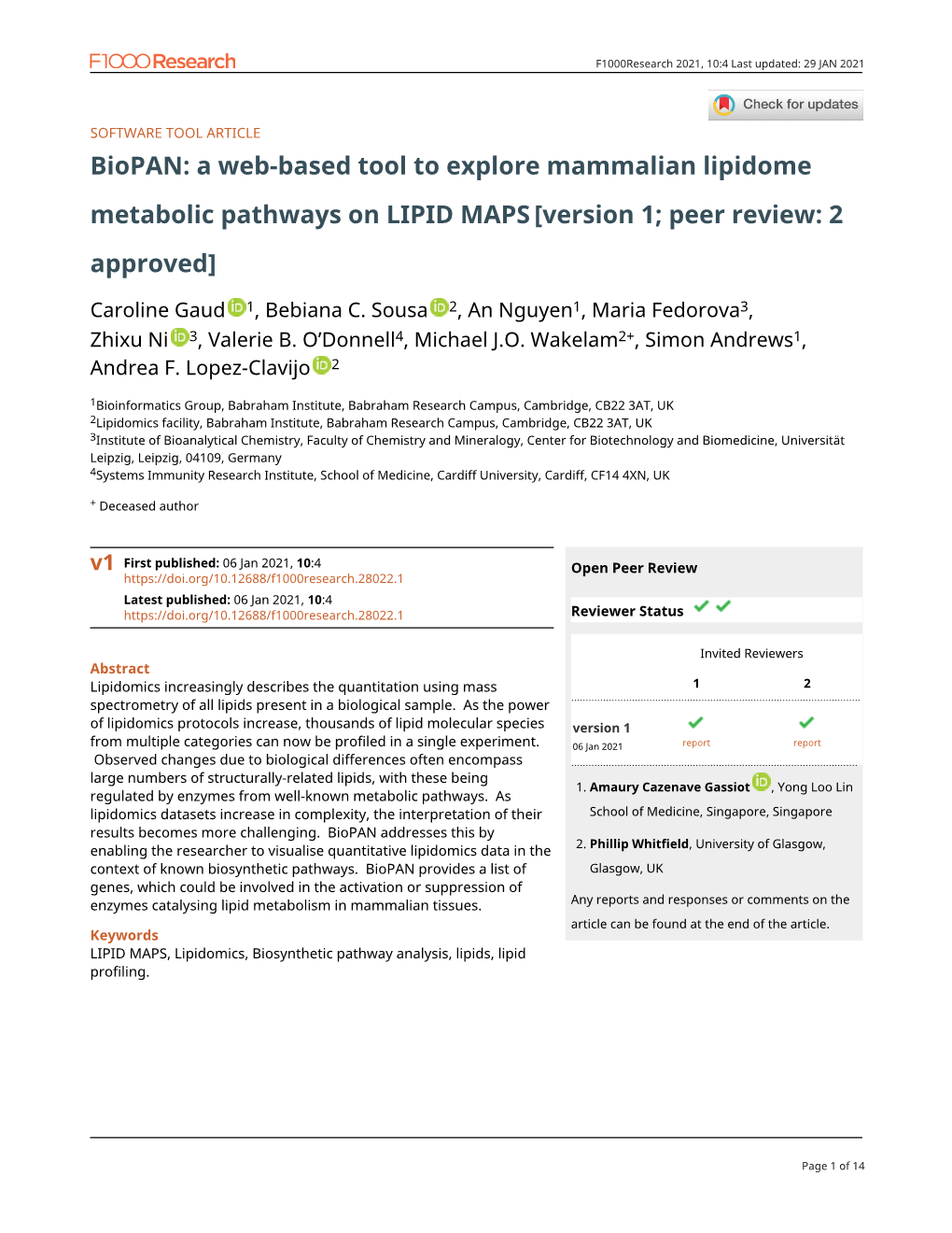 Biopan: a Web-Based Tool to Explore Mammalian Lipidome Metabolic Pathways on LIPID MAPS[Version 1; Peer Review: 2 Approved]