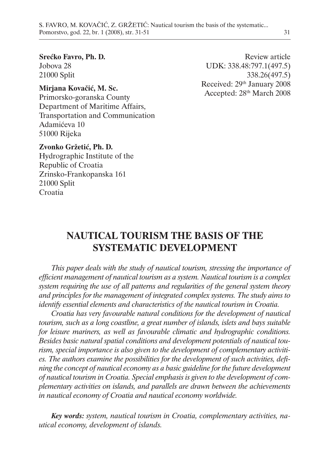 Nautical Tourism the Basis of the Systematic Development