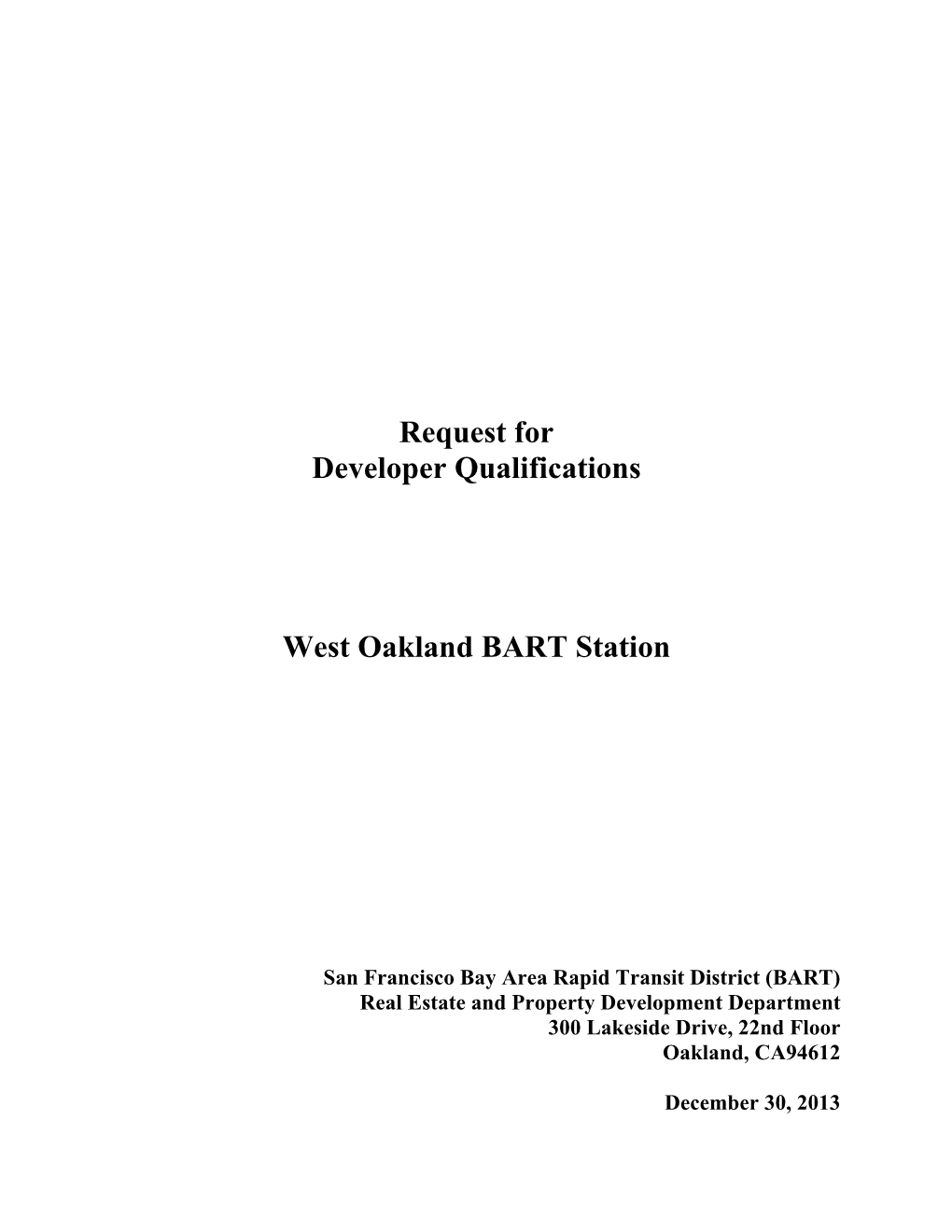 Request for Developer Qualifications West Oakland BART Station
