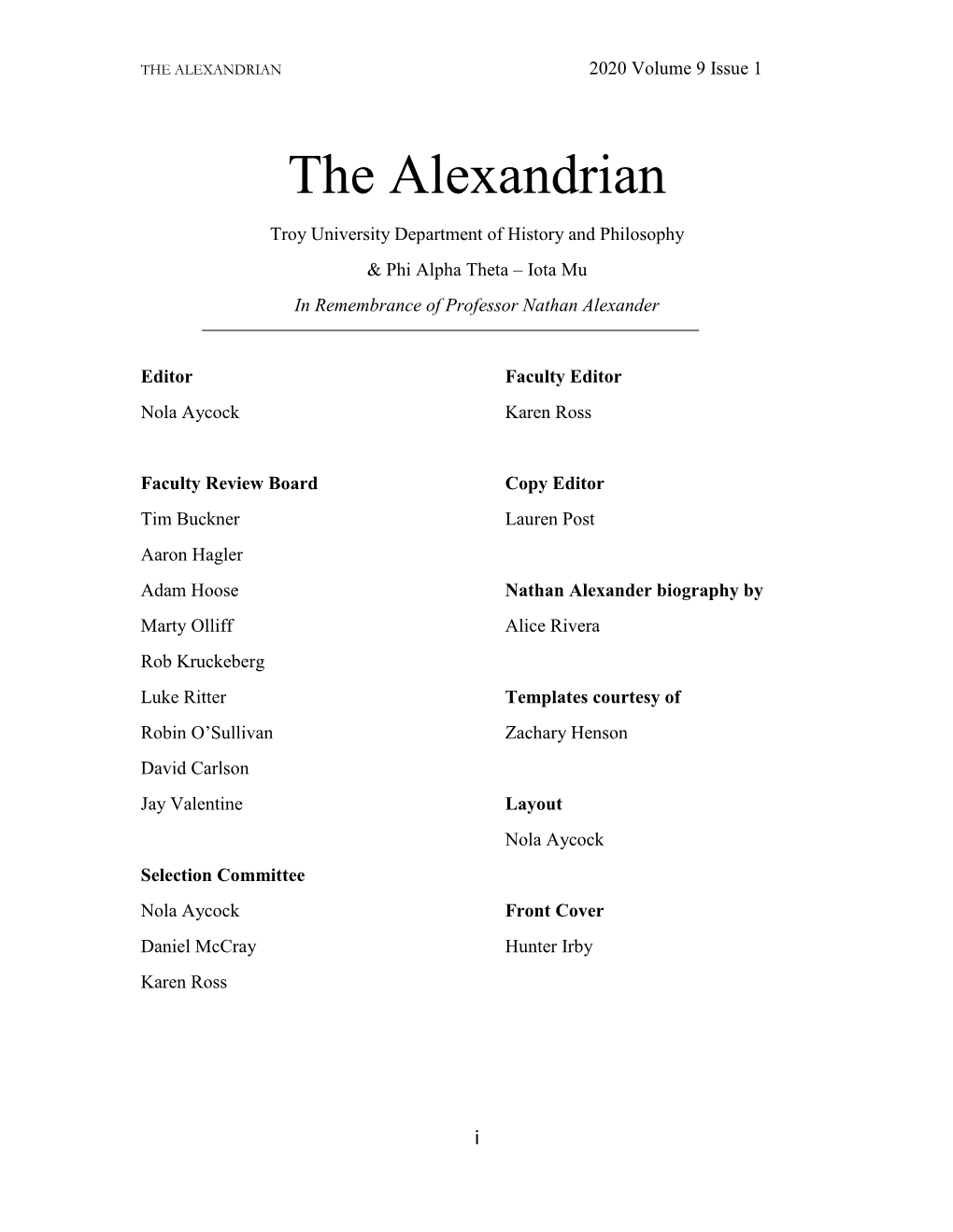 THE ALEXANDRIAN 2020 Volume 9 Issue 1