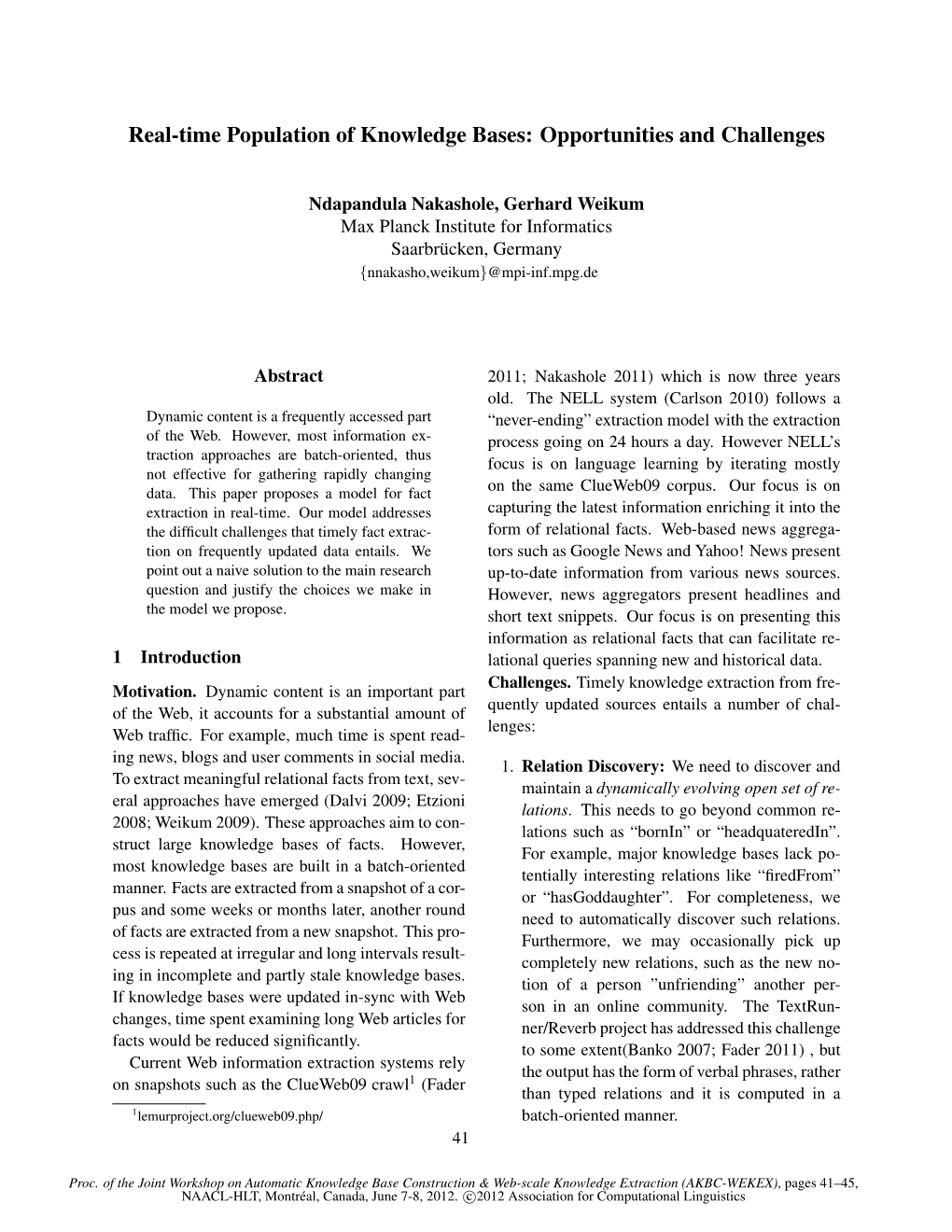 Real-Time Population of Knowledge Bases: Opportunities and Challenges