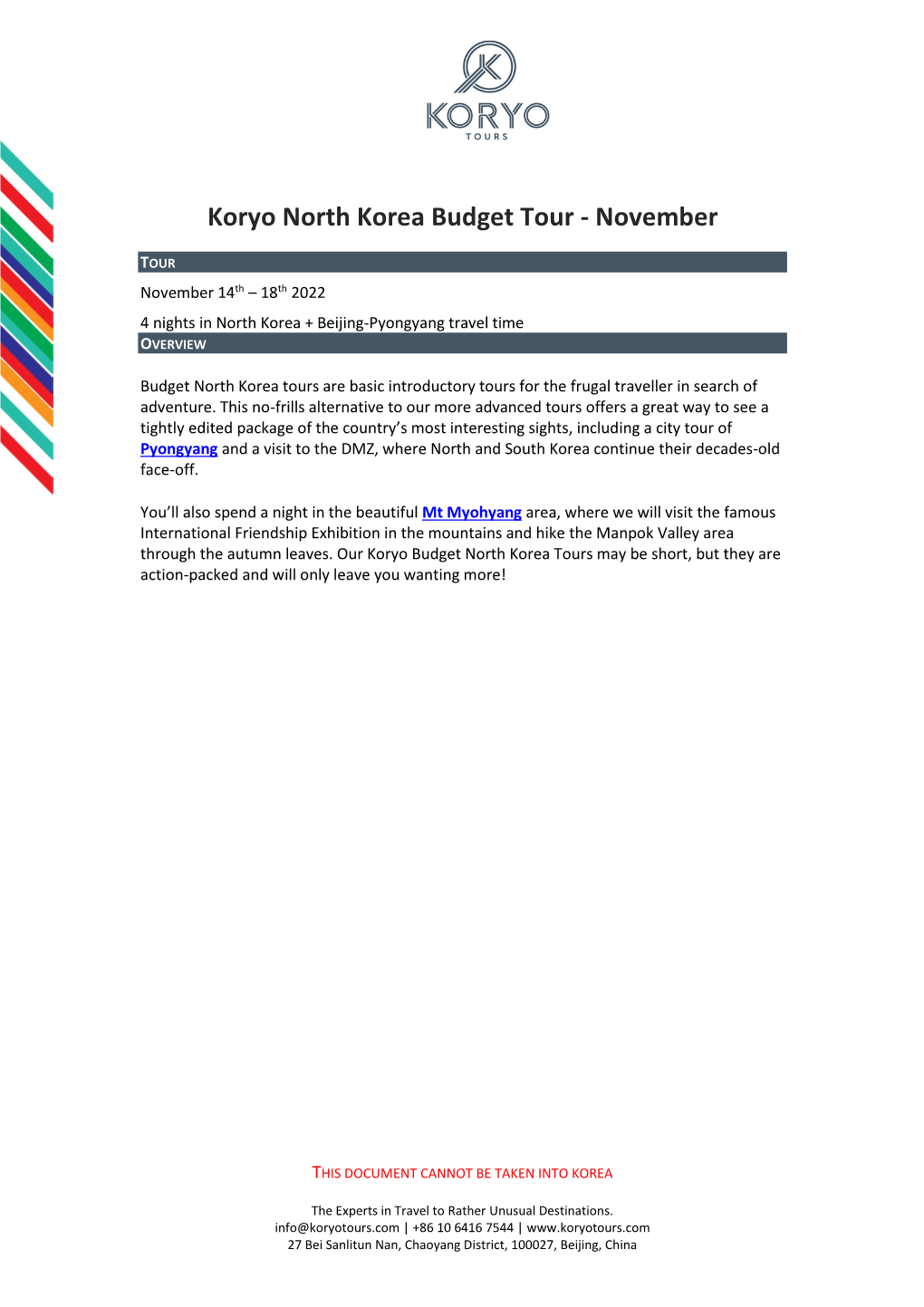 Koryo North Korea Budget Tour - November