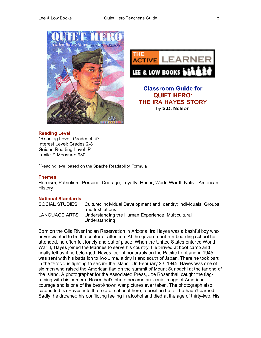 Teacher's Guide for Quiet Hero the Ira Hayes Story