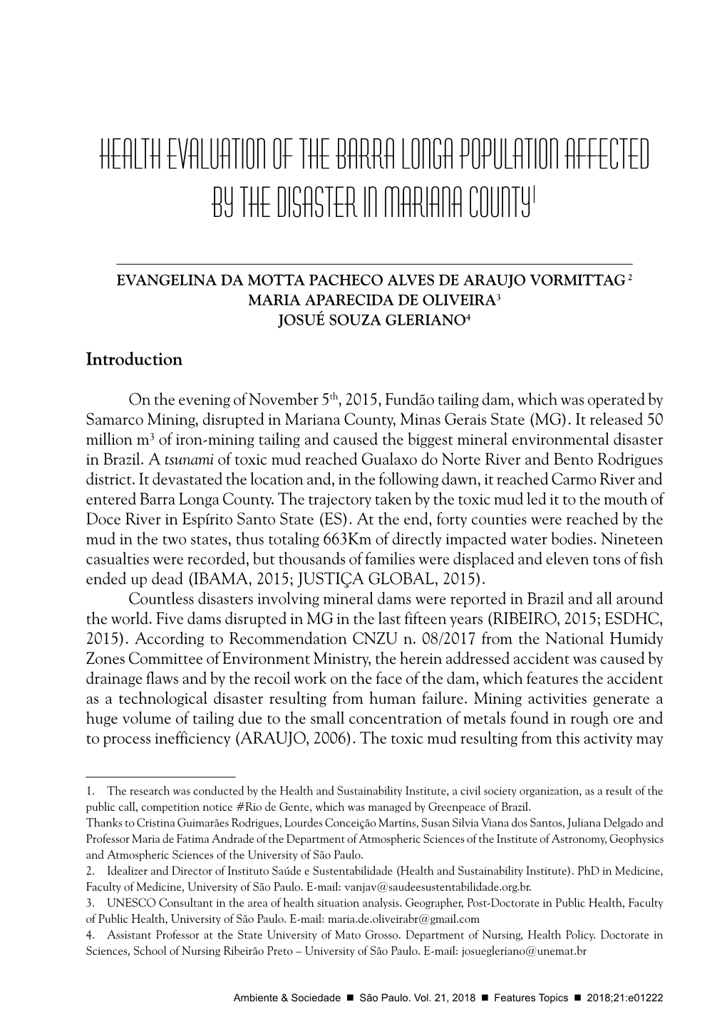 Health Evaluation of the Barra Longa Population Affected by the Disaster in Mariana County1