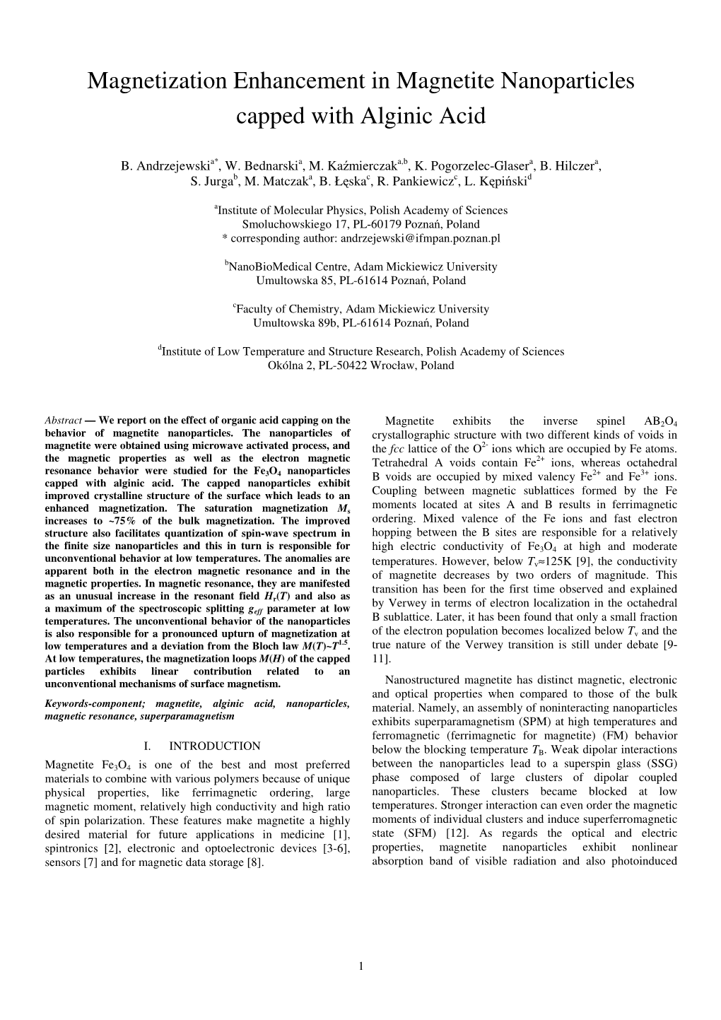 Magnetization Enhancement in Magnetite Nanoparticles Capped with Alginic Acid