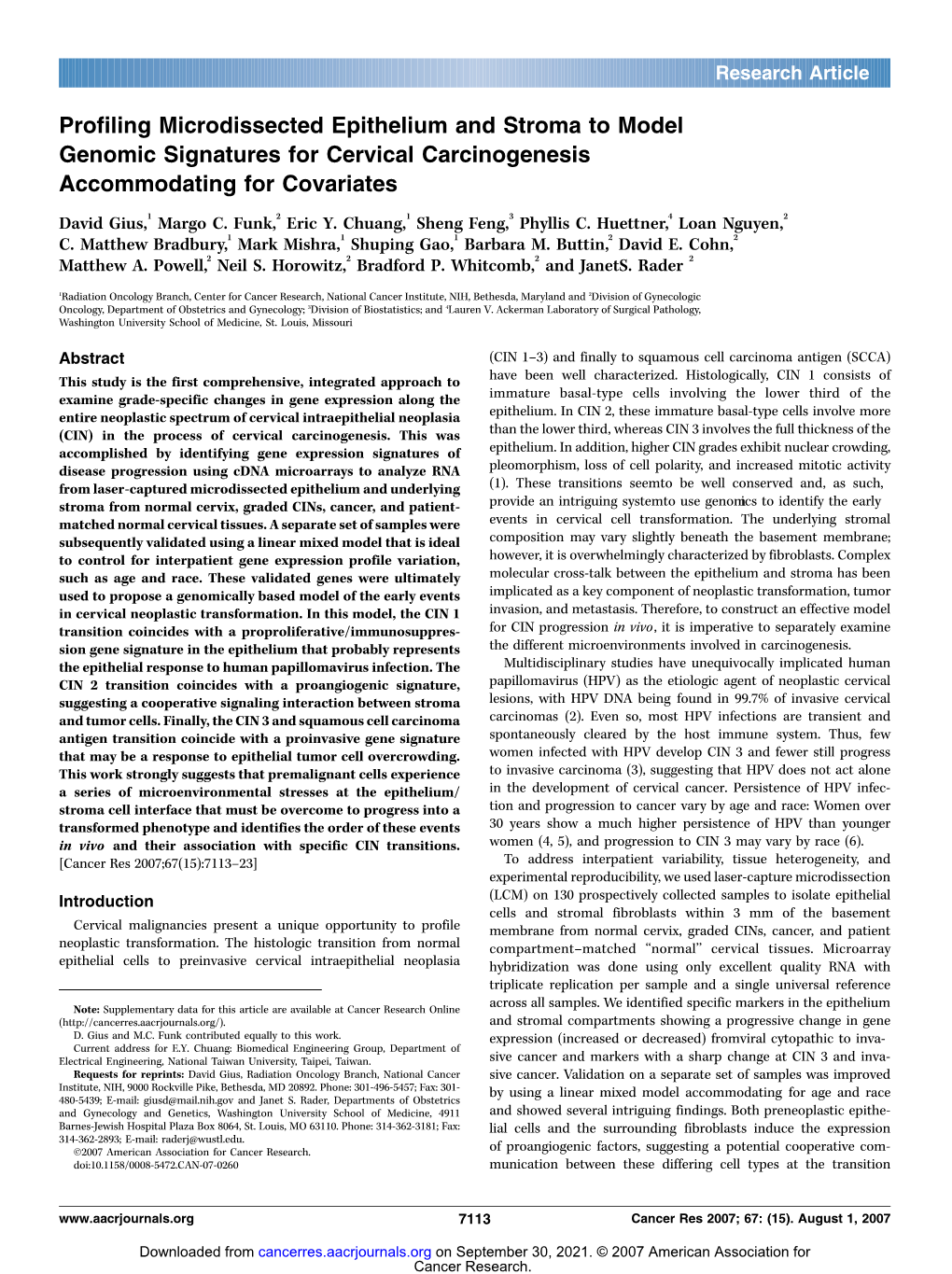 Profiling Microdissected Epithelium and Stroma to Model Genomic Signatures for Cervical Carcinogenesis Accommodating for Covariates