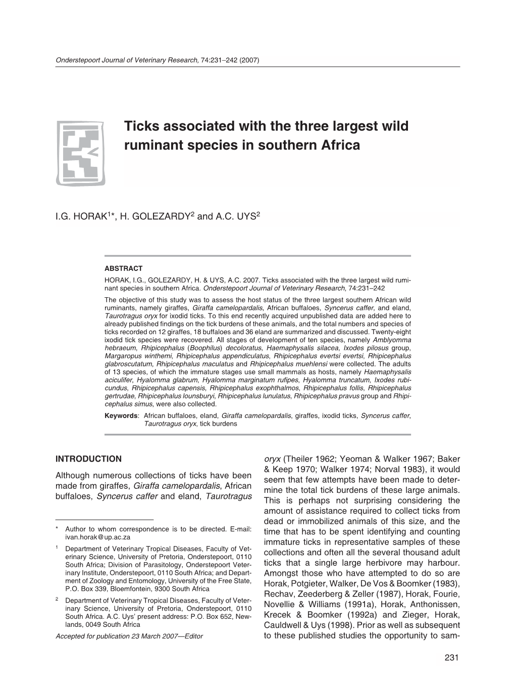Ticks Associated with the Three Largest Wild Ruminant Species in Southern Africa