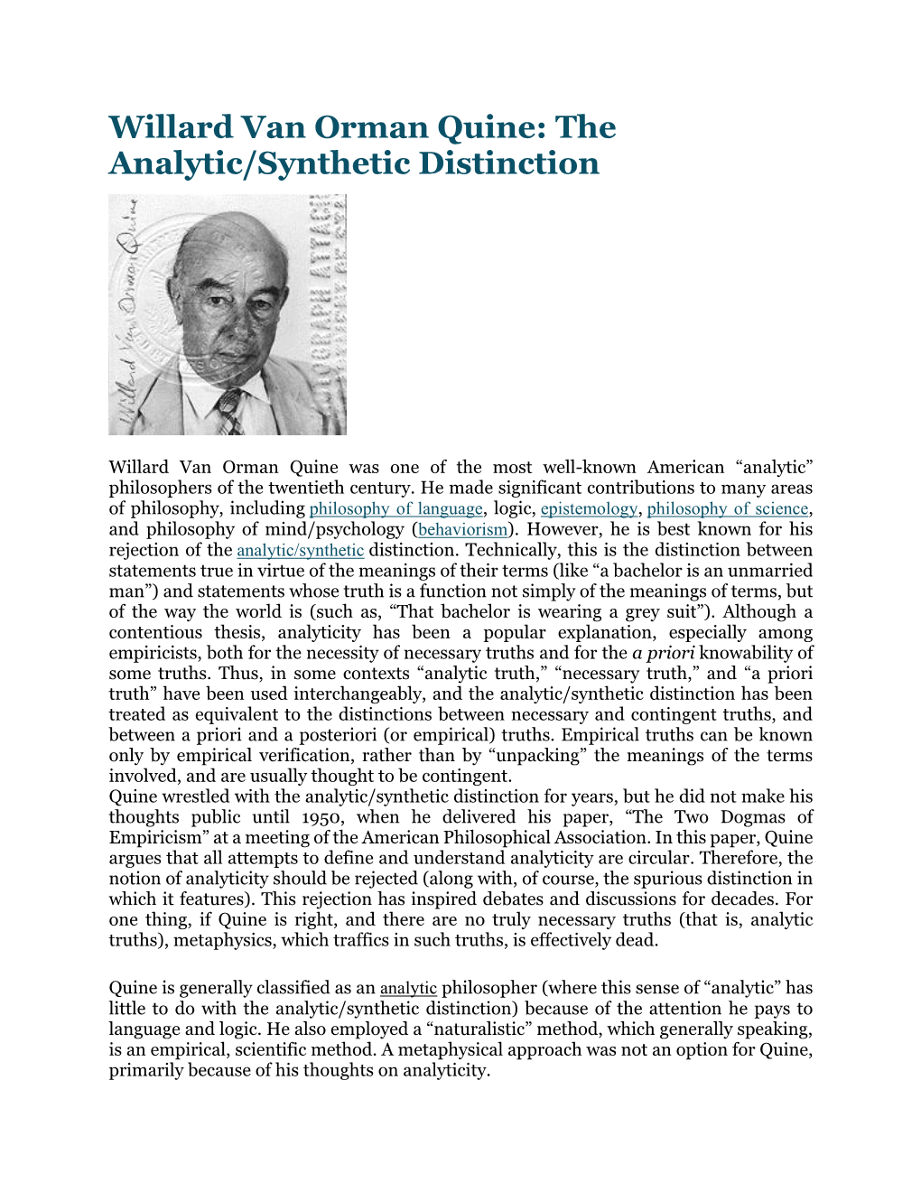 Willard Van Orman Quine: the Analytic/Synthetic Distinction