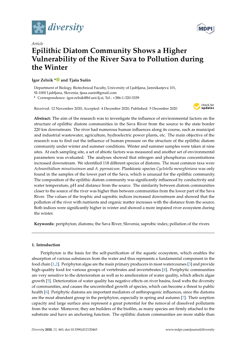 Epilithic Diatom Community Shows a Higher Vulnerability of the River Sava to Pollution During the Winter