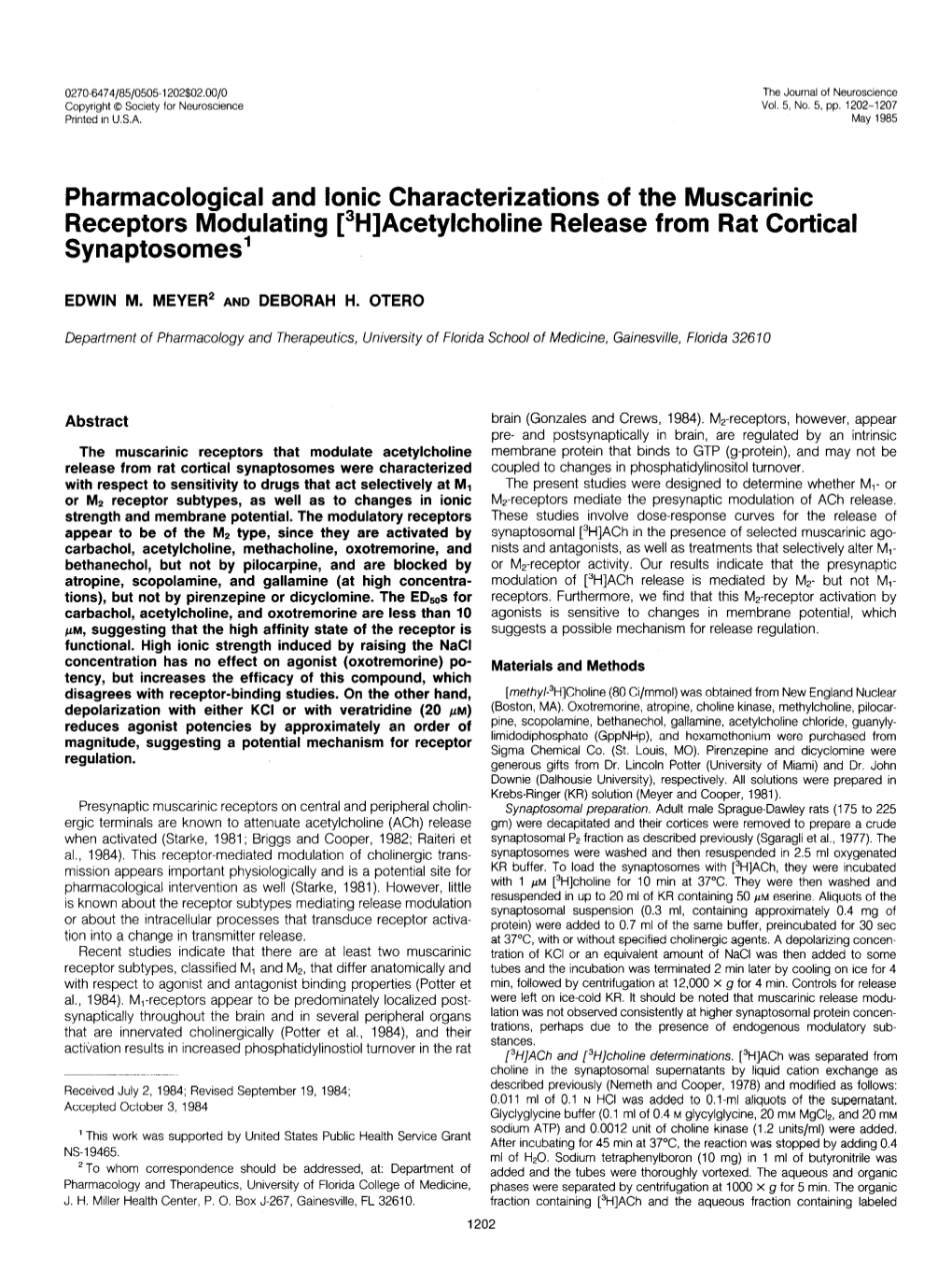 Pharmacological and Ionic Characterizations of the Muscarinic Receptors Modulating [3H]Acetylcholine Release from Rat Cortical Synaptosomes’