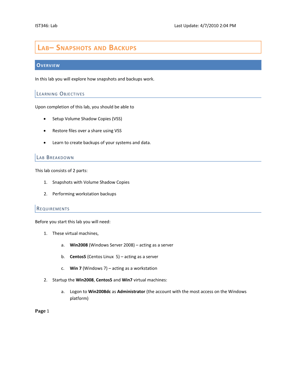 Lab Snapshots and Backups