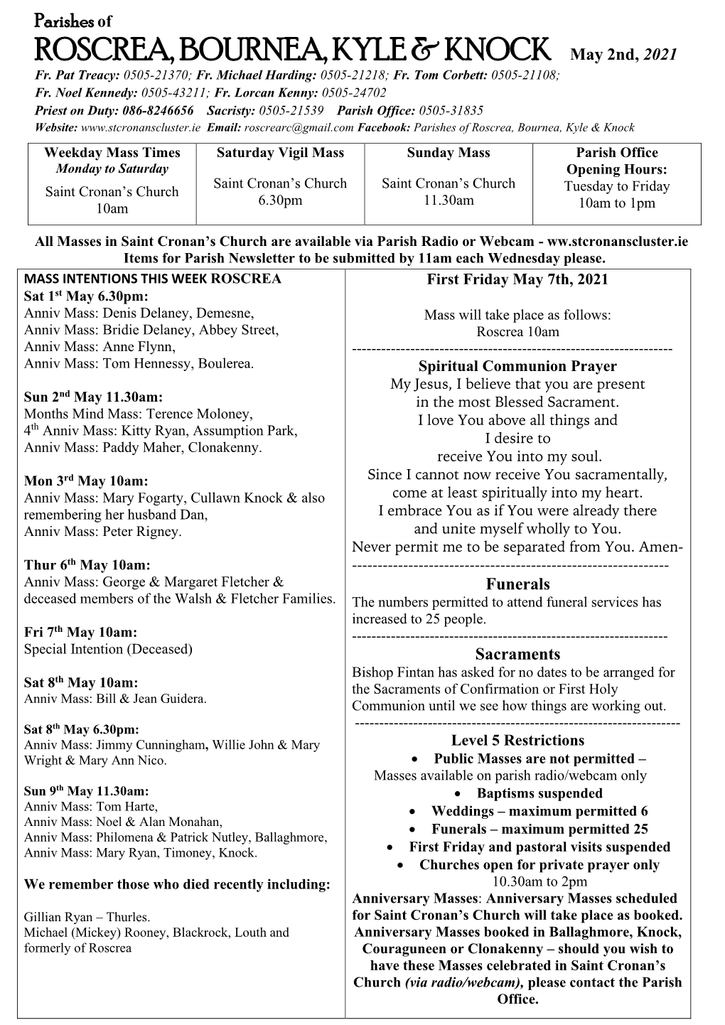 Parishes of ROSCREA, BOURNEA, KYLE & KNOCK May 2Nd, 2021 Fr