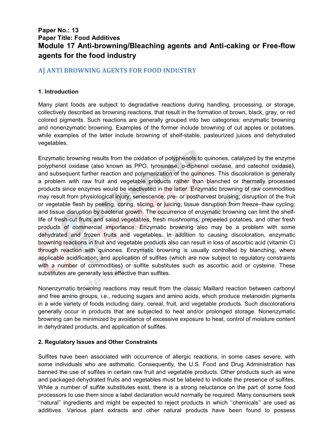 Module 17 Anti-Browning/Bleaching Agents and Anti-Caking Or Free-Flow Agents for the Food Industry