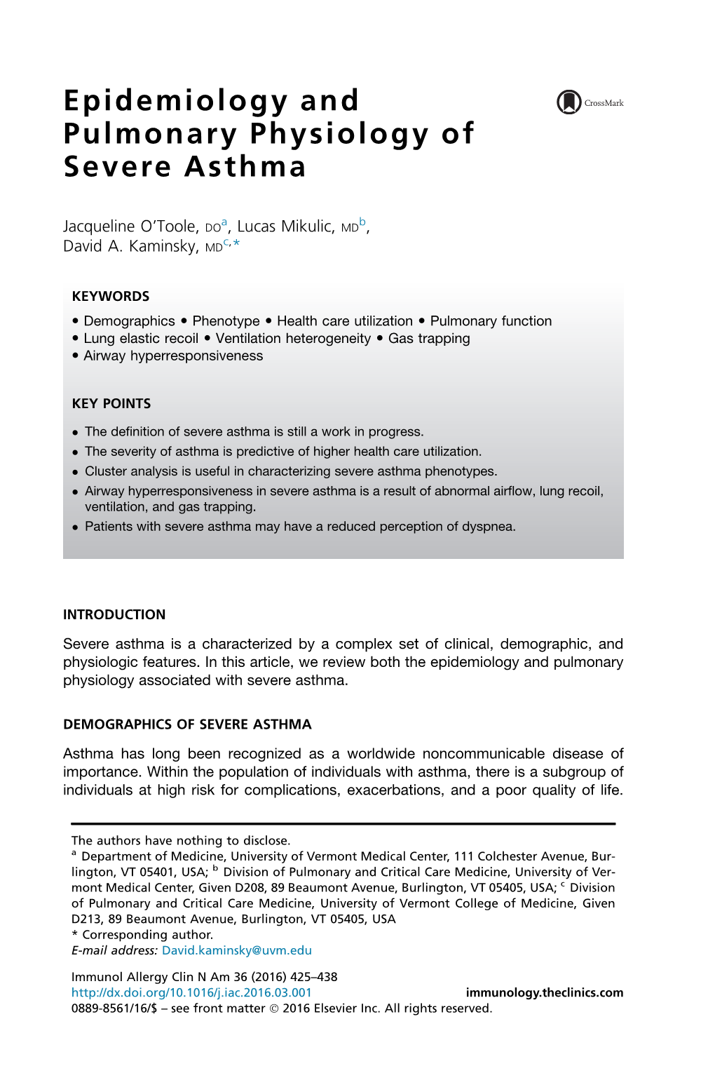 Epidemiology and Pulmonary Physiology of Severe Asthma