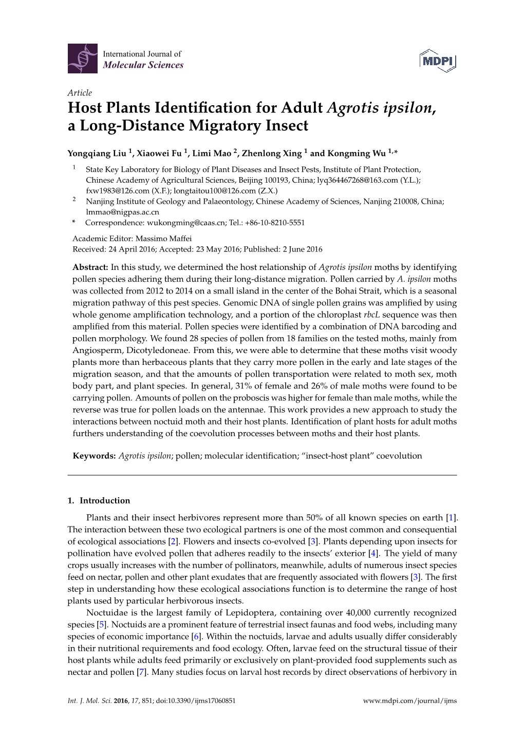 Host Plants Identification for Adult Agrotis Ipsilon, a Long-Distance Migratory Insect