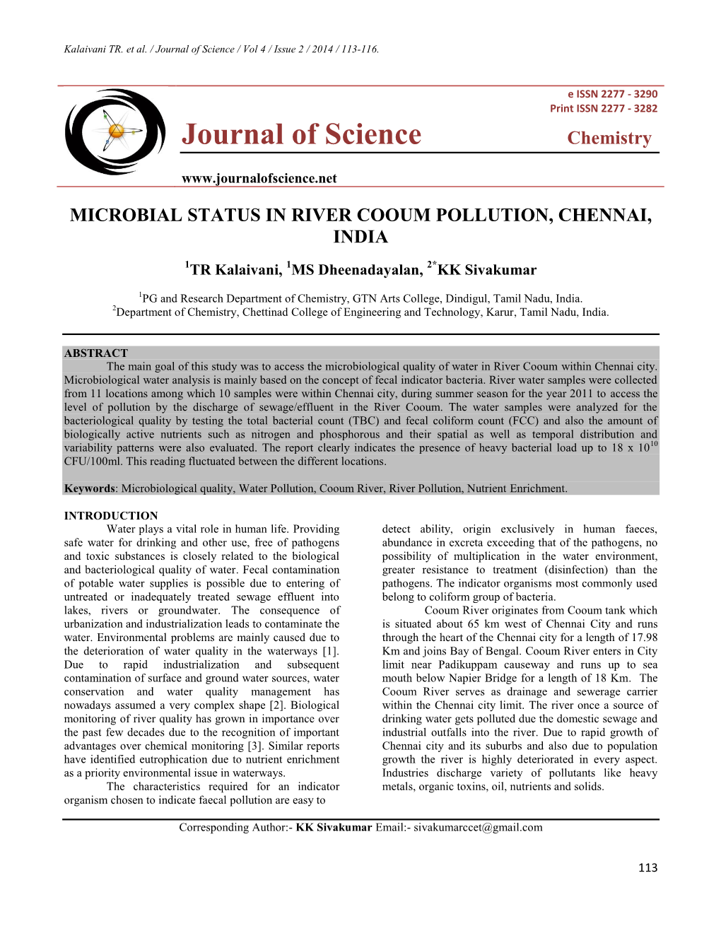 Journal of Science / Vol 4 / Issue 2 / 2014 / 113-116