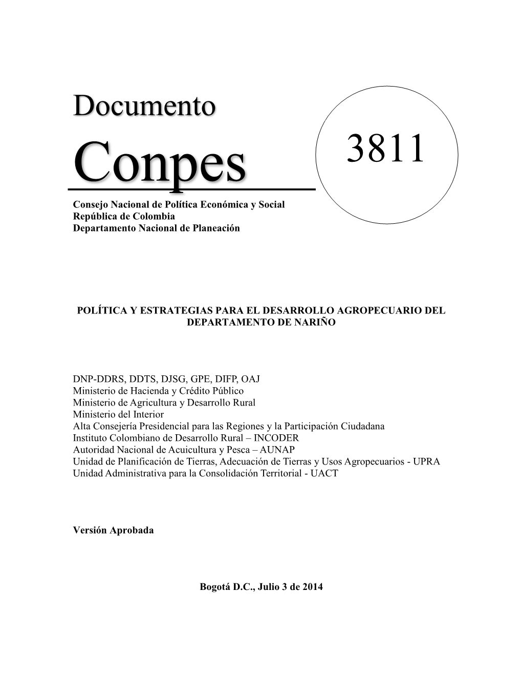 Documento Conpes 3811 Consejo Nacional De Política Económica Y Social República De Colombia Departamento Nacional De Planeación