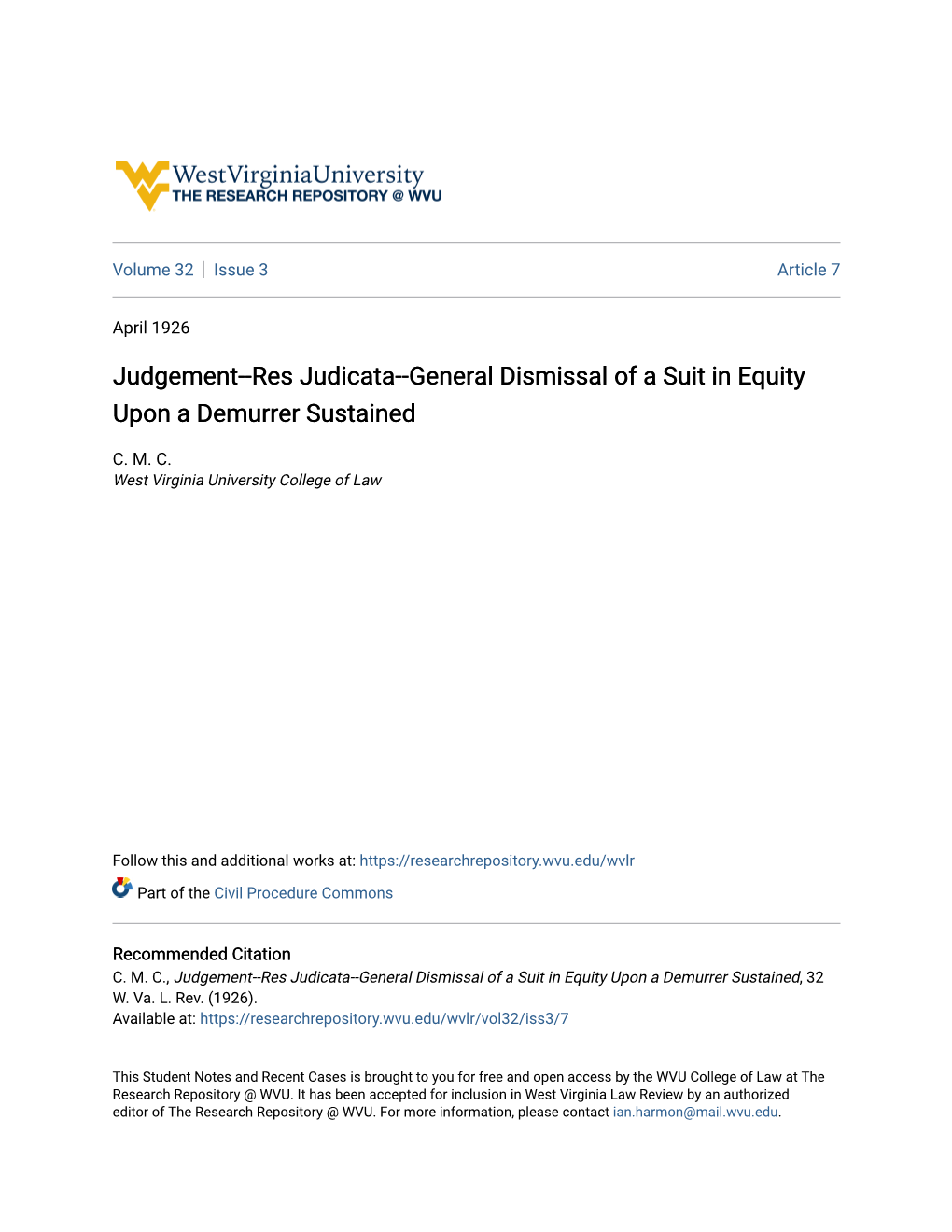 Judgement--Res Judicata--General Dismissal of a Suit in Equity Upon a Demurrer Sustained