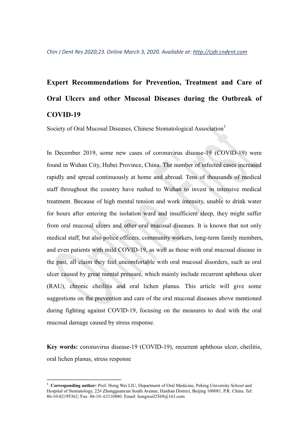 Expert Recommendations for Prevention, Treatment and Care of Oral Ulcers and Other Mucosal Diseases During the Outbreak of COVID