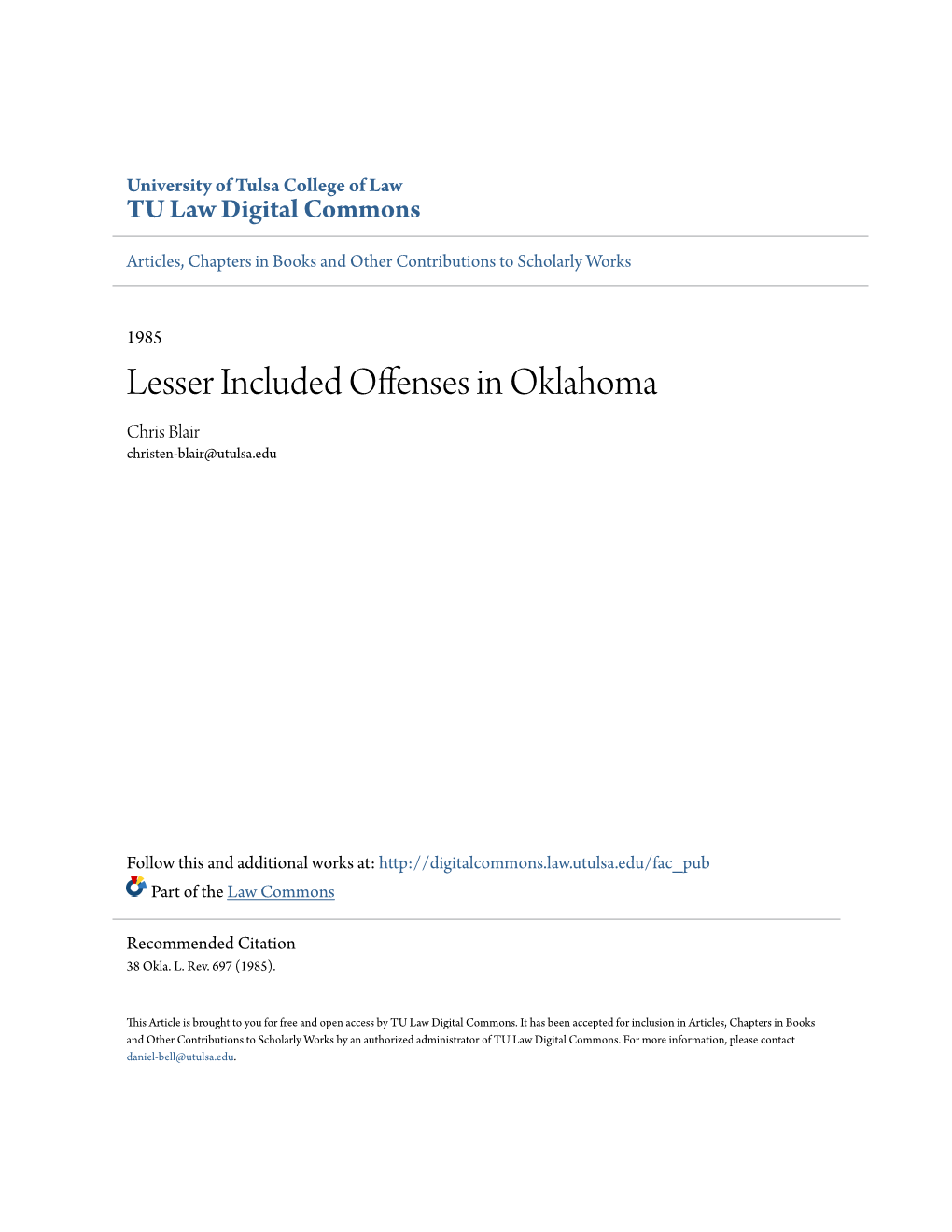 Lesser Included Offenses in Oklahoma Chris Blair Christen-Blair@Utulsa.Edu