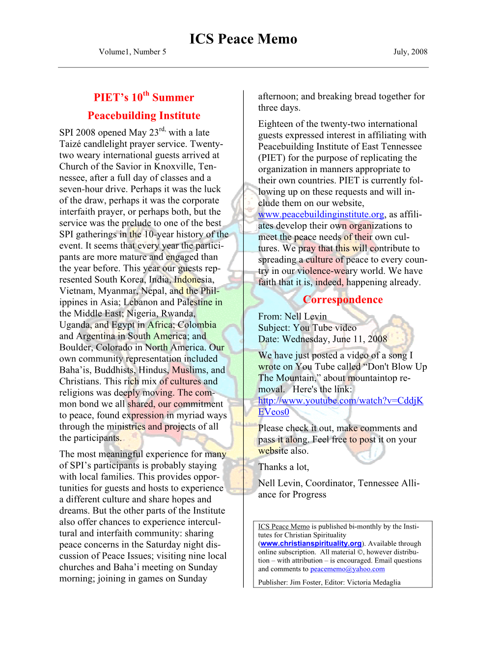 ICS Peace Memo Volume1, Number 5 July, 2008