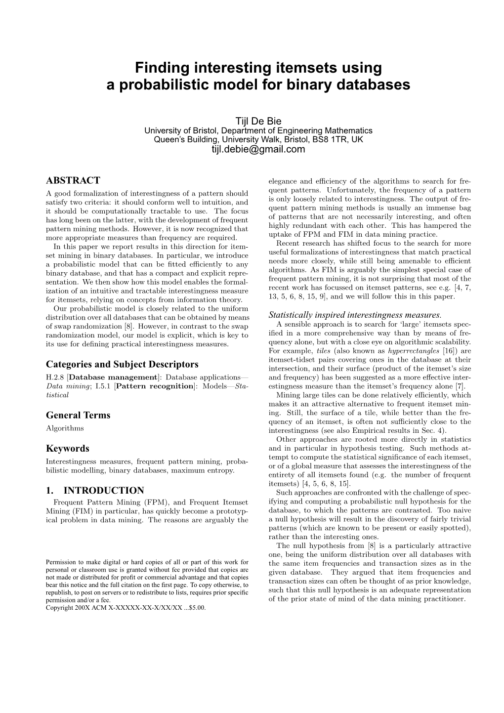 Finding Interesting Itemsets Using a Probabilistic Model for Binary Databases