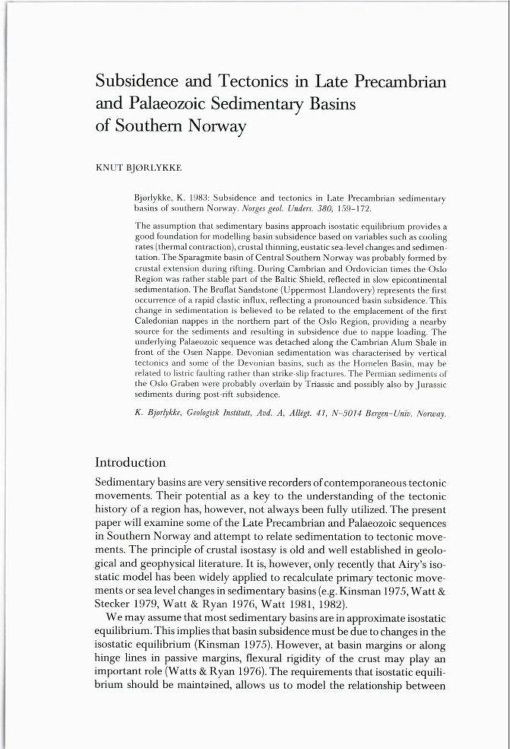 Subsidence and Tectonics in Late Precambrian and Palaeozoic Sedimentary Basins of Southern Norway