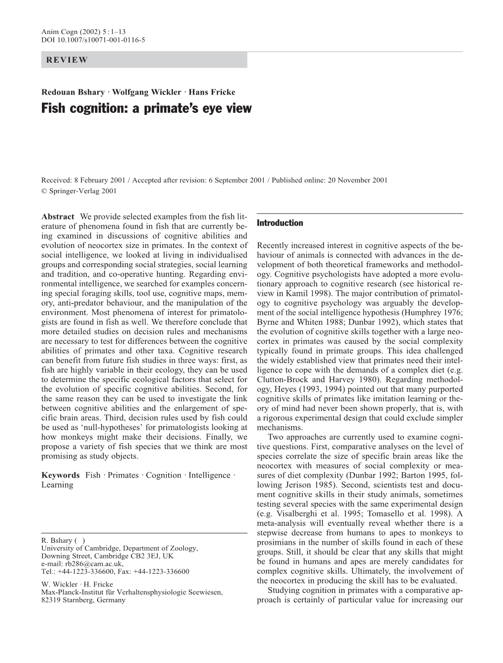 Fish Cognition: a Primate's Eye View