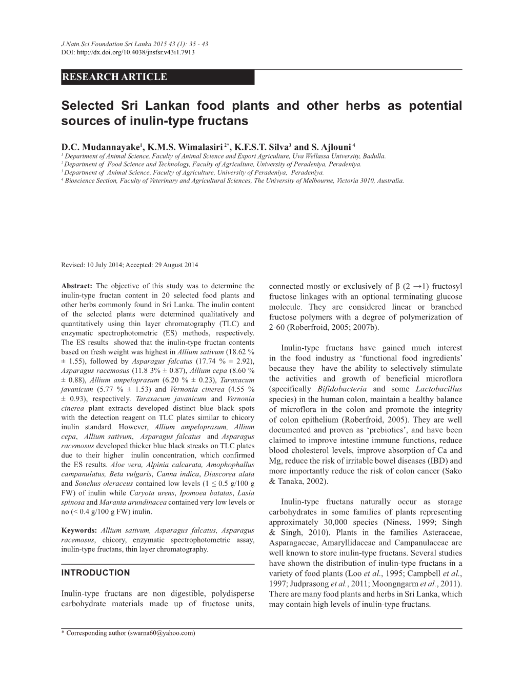 Selected Sri Lankan Food Plants and Other Herbs As Potential Sources of Inulin-Type Fructans