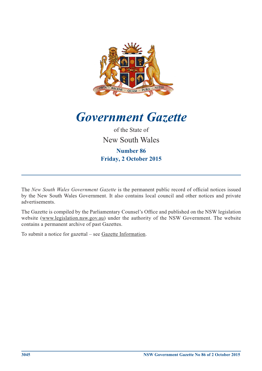 Government Gazette of the State of New South Wales Number 86 Friday, 2 October 2015