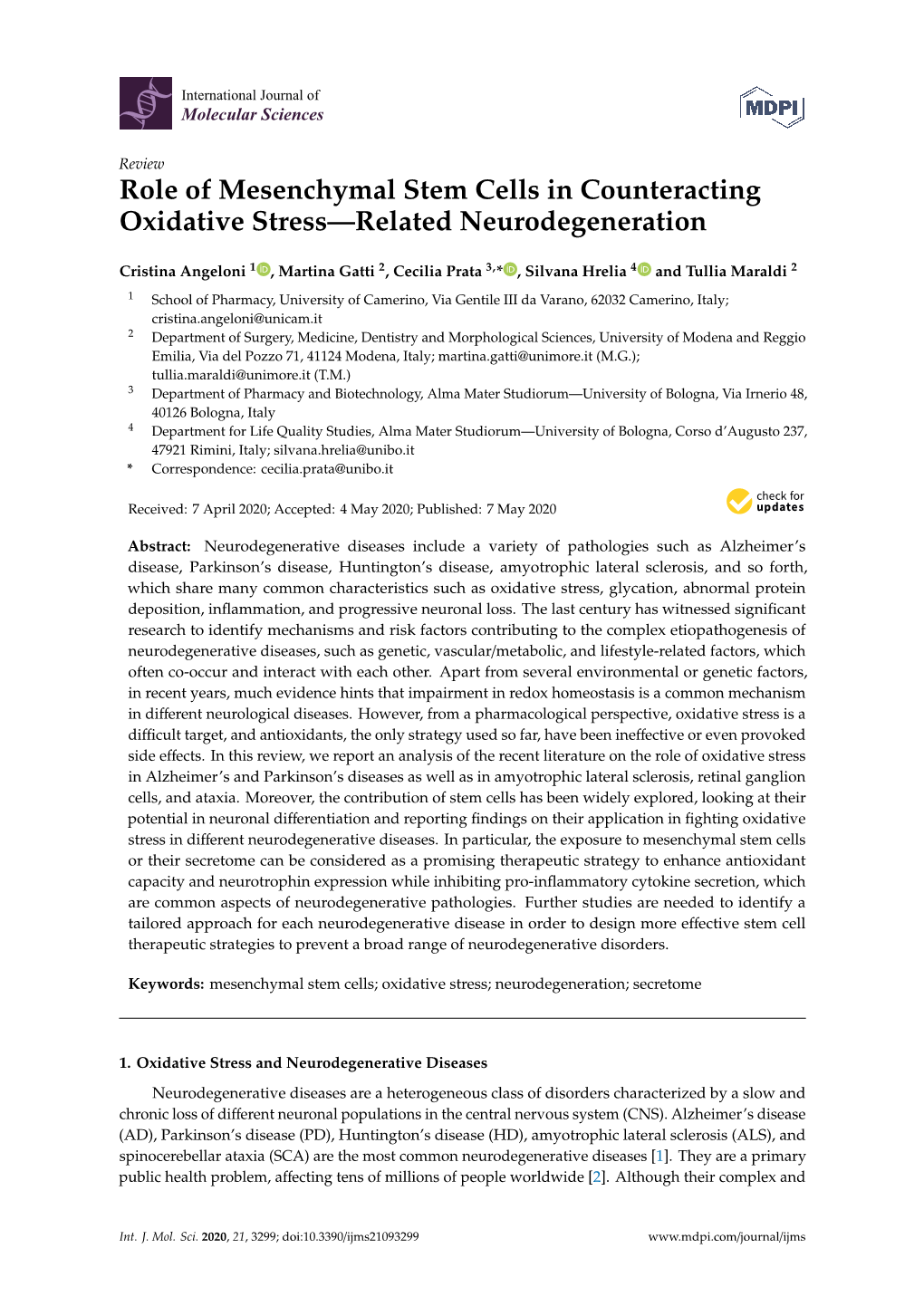 Role of Mesenchymal Stem Cells in Counteracting Oxidative Stress—Related Neurodegeneration