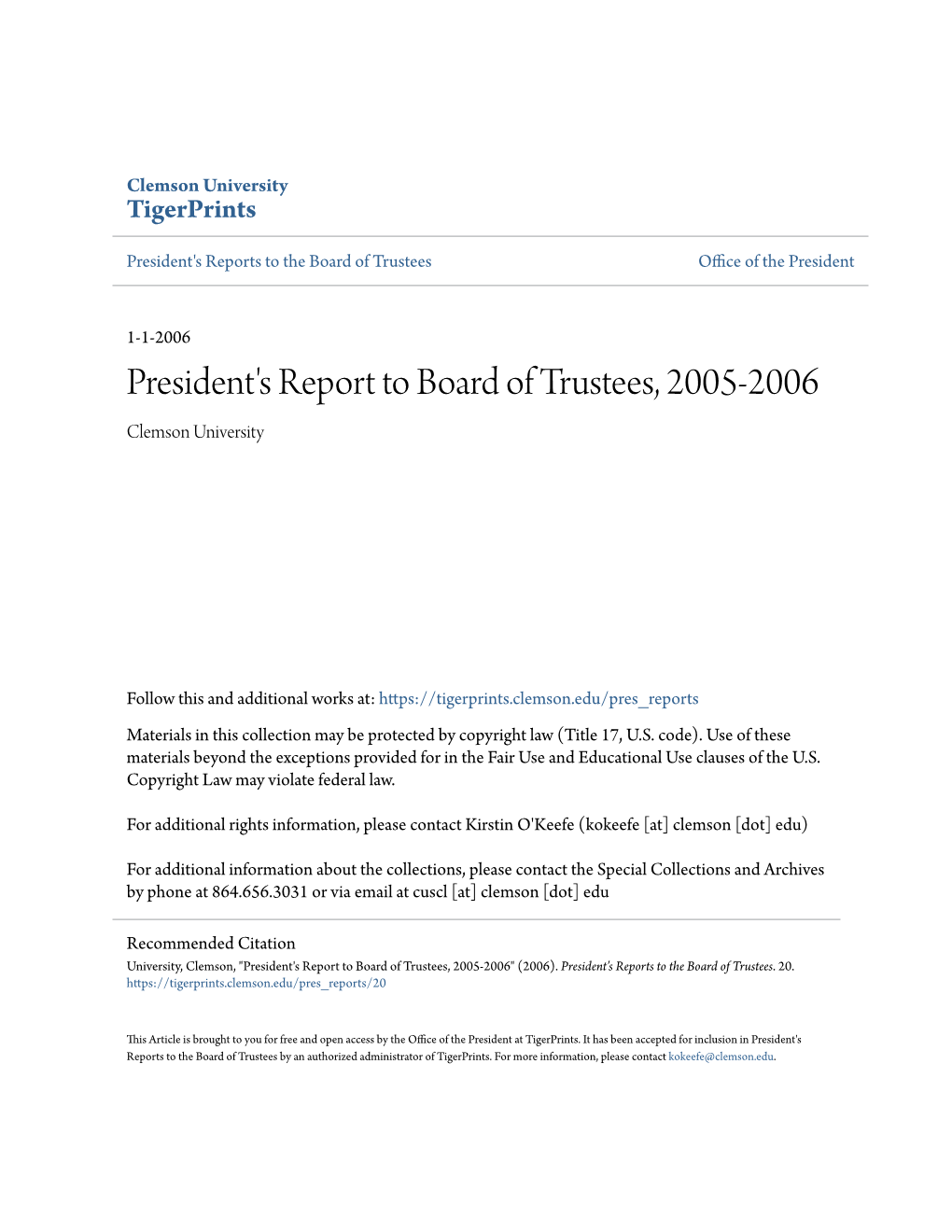 President's Report to Board of Trustees, 2005-2006 Clemson University