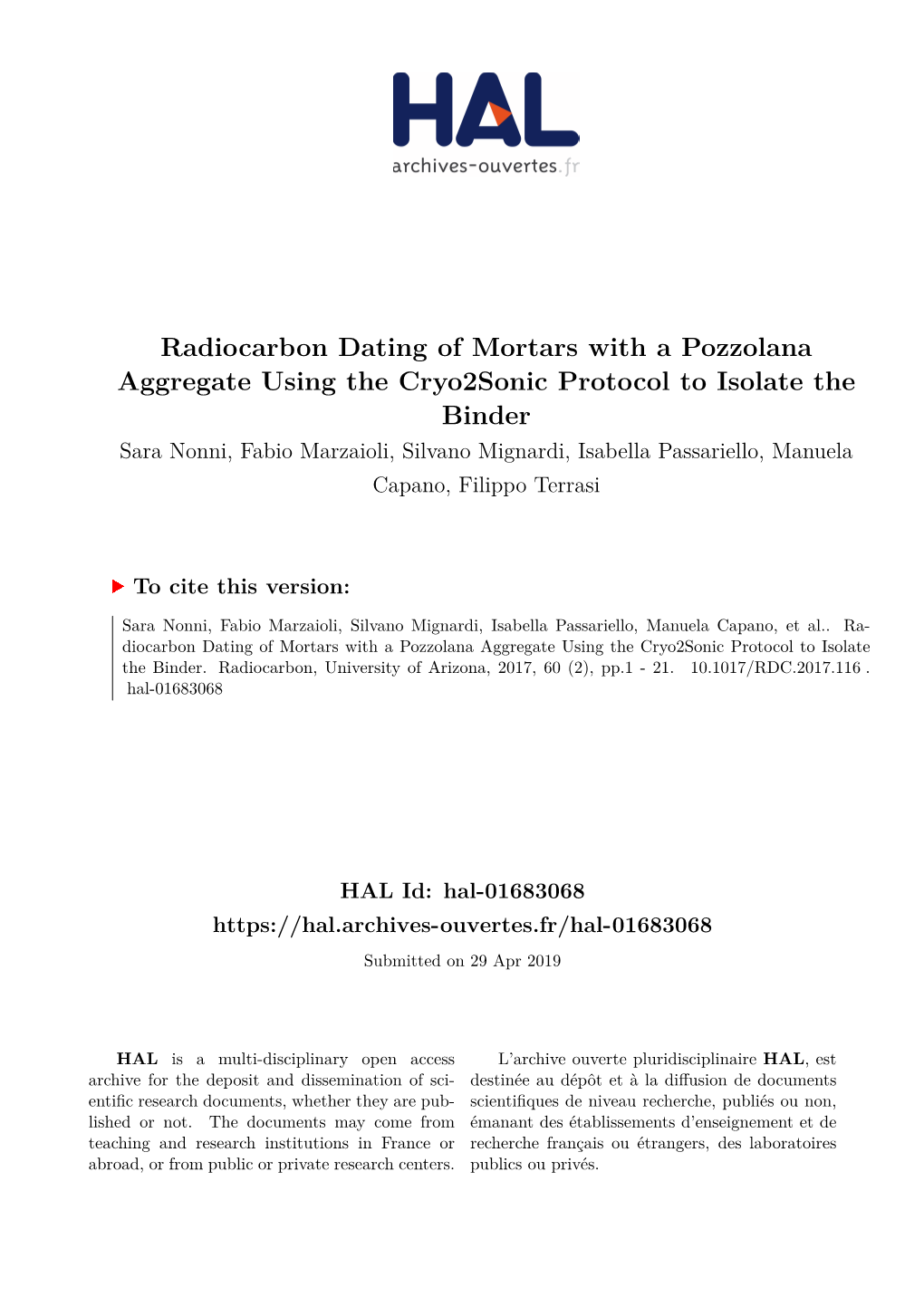 Radiocarbon Dating of Mortars with a Pozzolana Aggregate Using the Cryo2sonic Protocol to Isolate the Binder