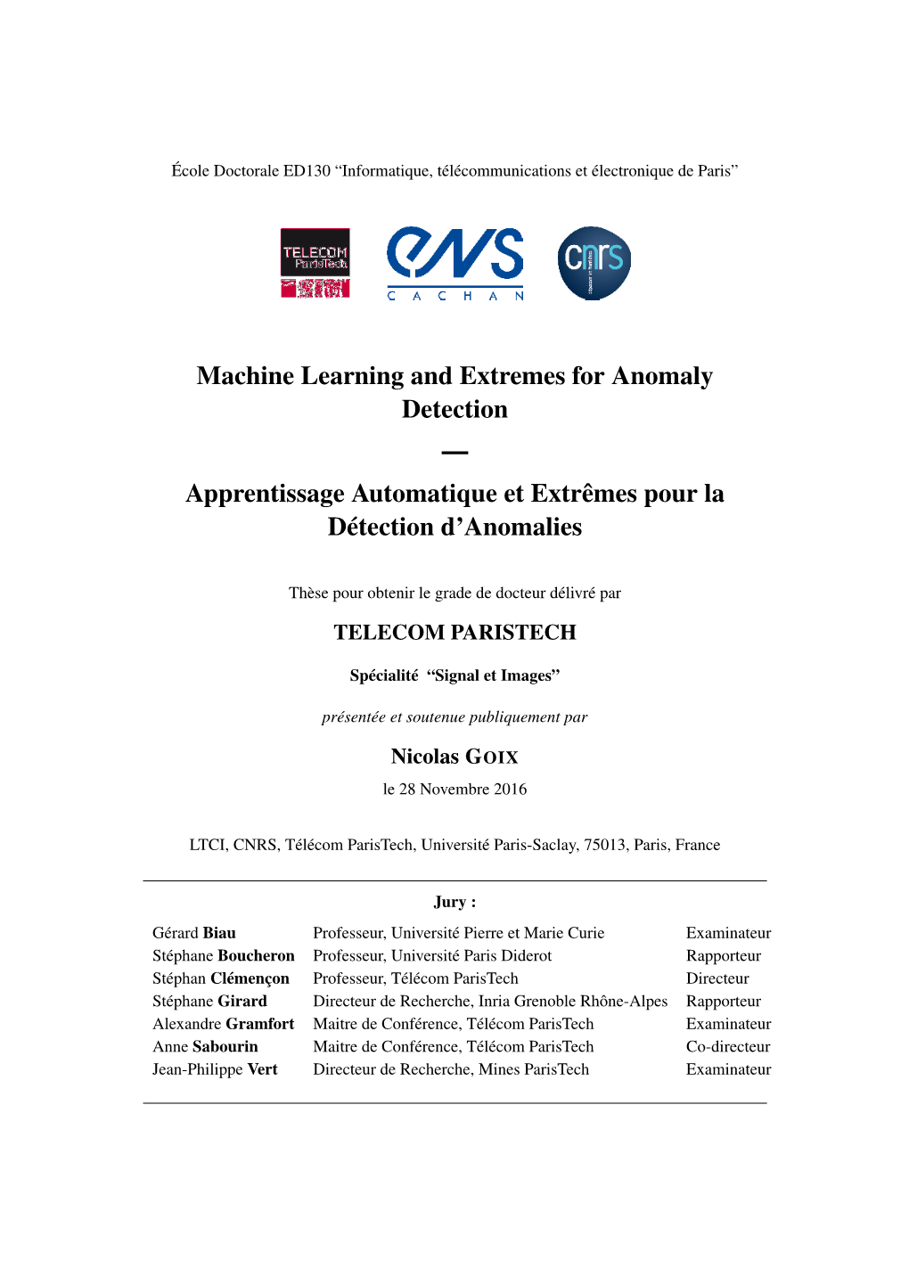 Machine Learning and Extremes for Anomaly Detection — Apprentissage Automatique Et Extrêmes Pour La Détection D’Anomalies