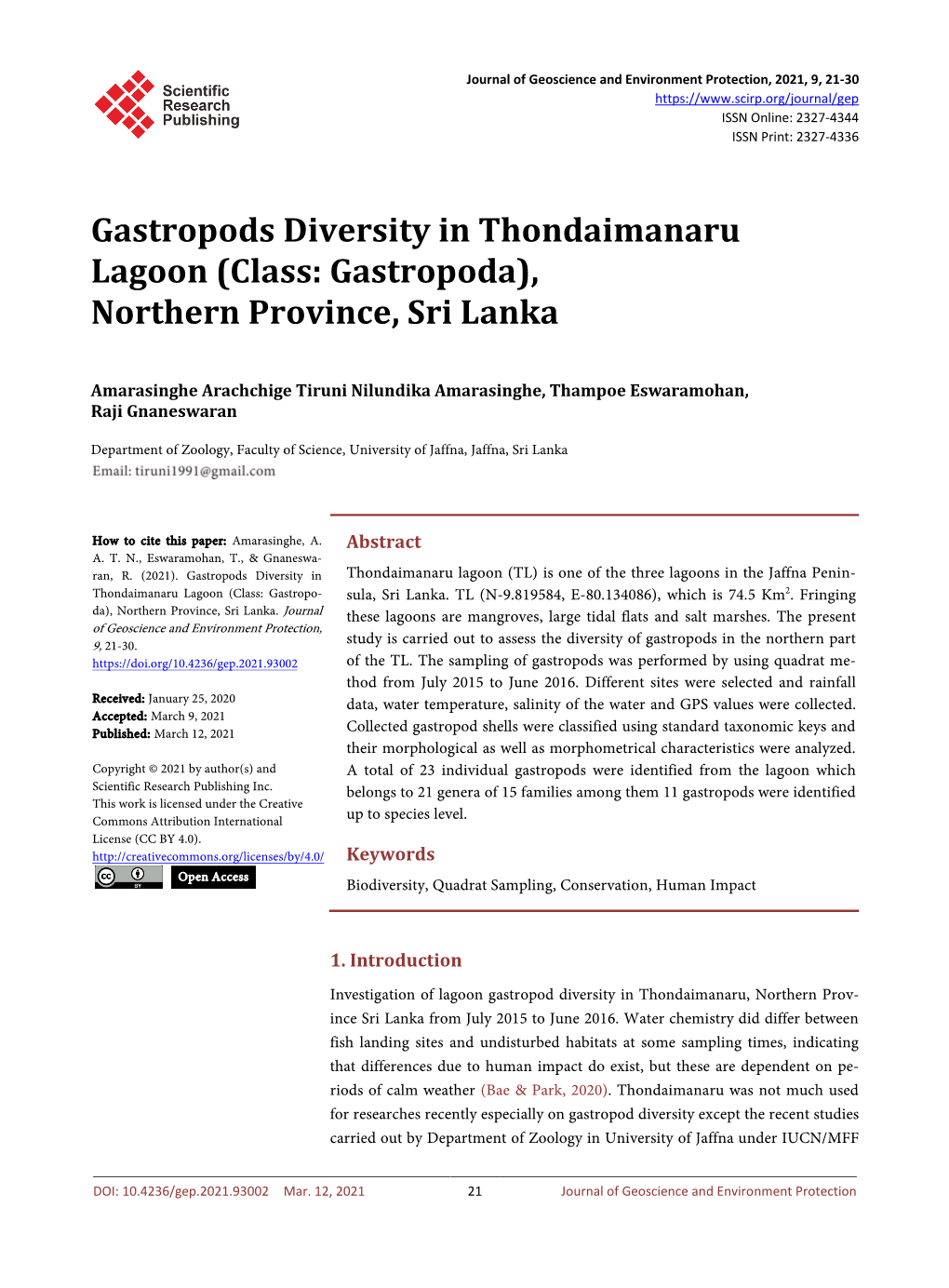 Gastropods Diversity in Thondaimanaru Lagoon (Class: Gastropoda), Northern Province, Sri Lanka