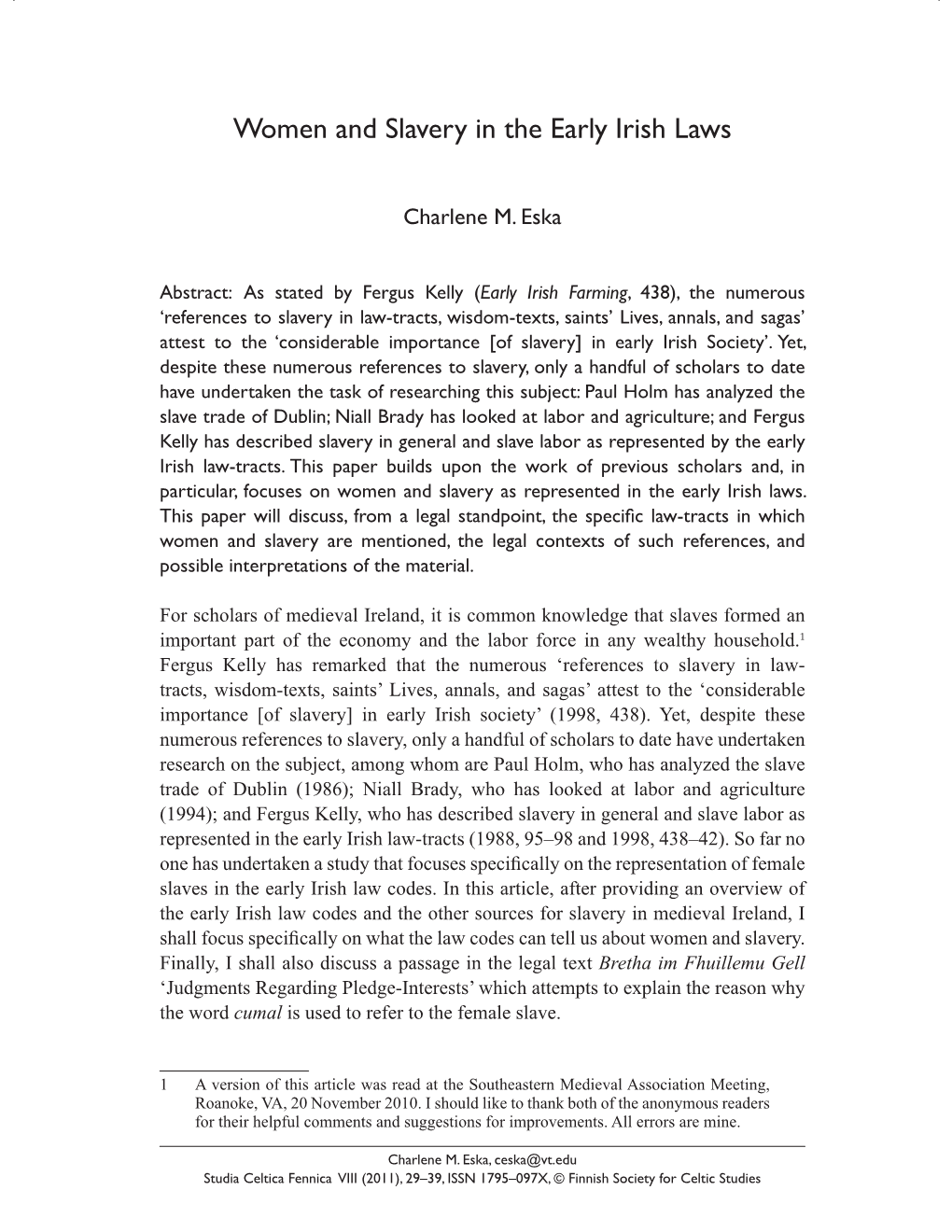 Women and Slavery in the Early Irish Laws