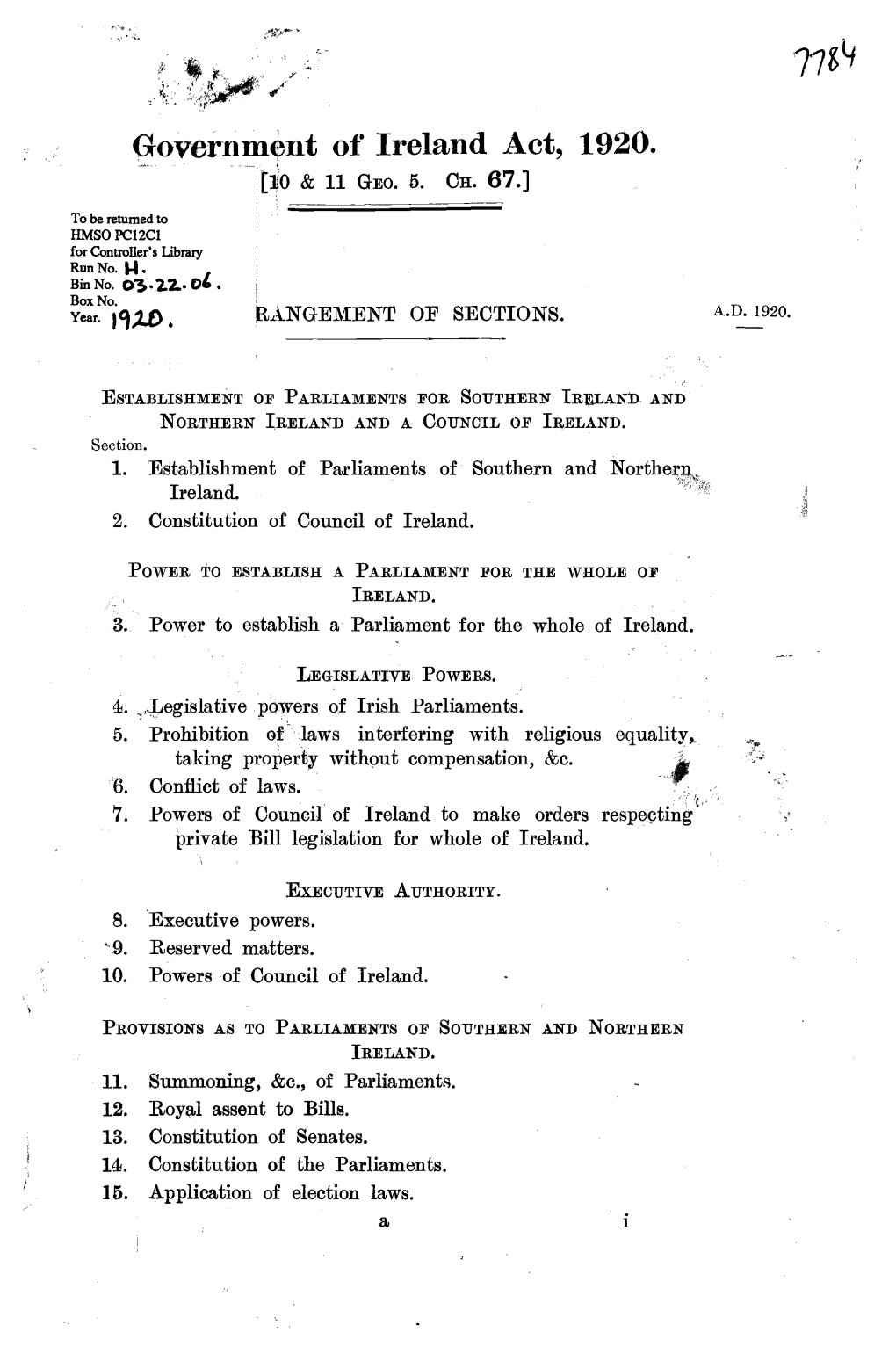 Government of Ireland Act, 1920. 10 & 11 Geo